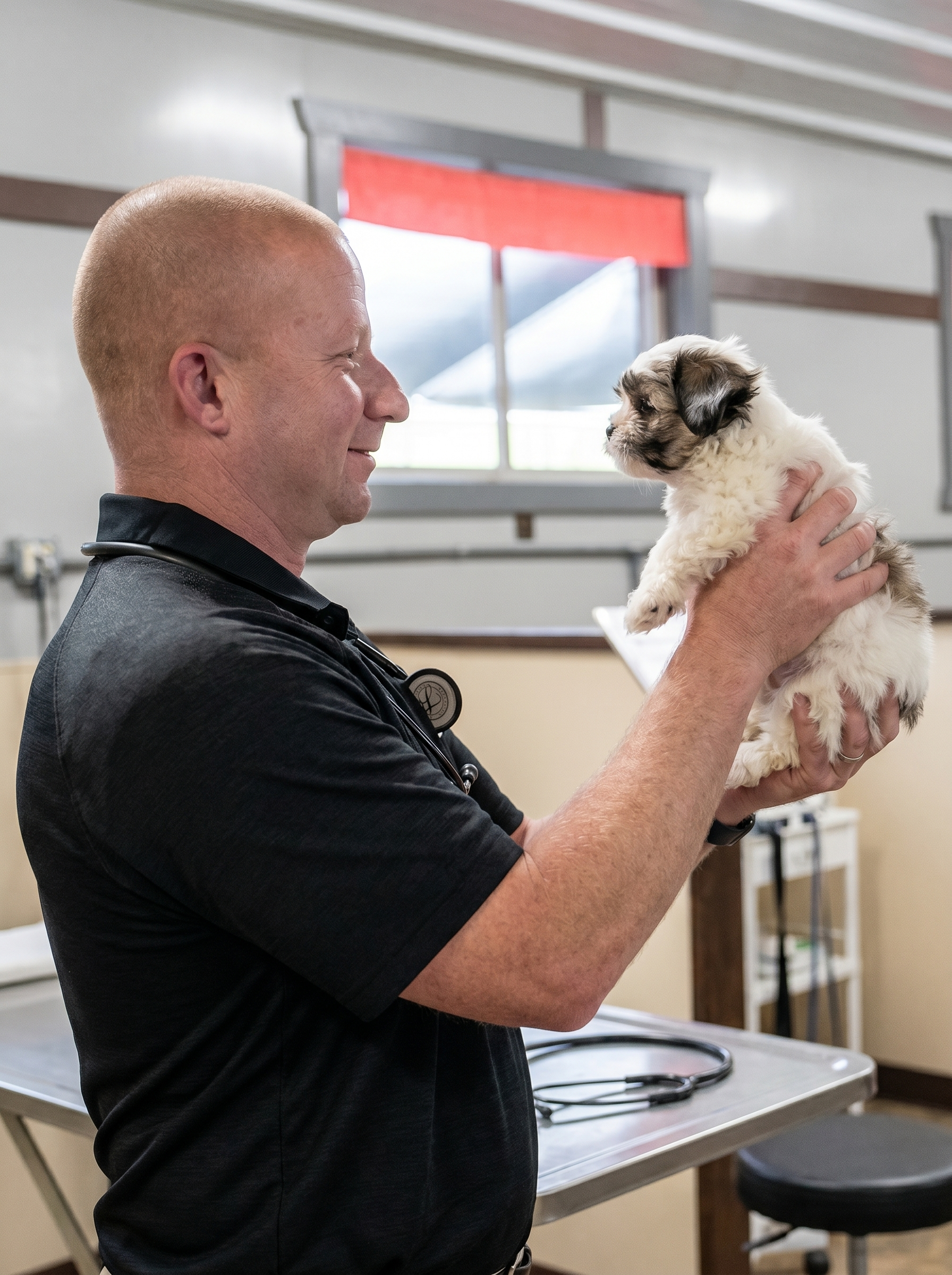 Licensed veterinarian conducting independent medical evaluation for a Lone Star Pups breeder