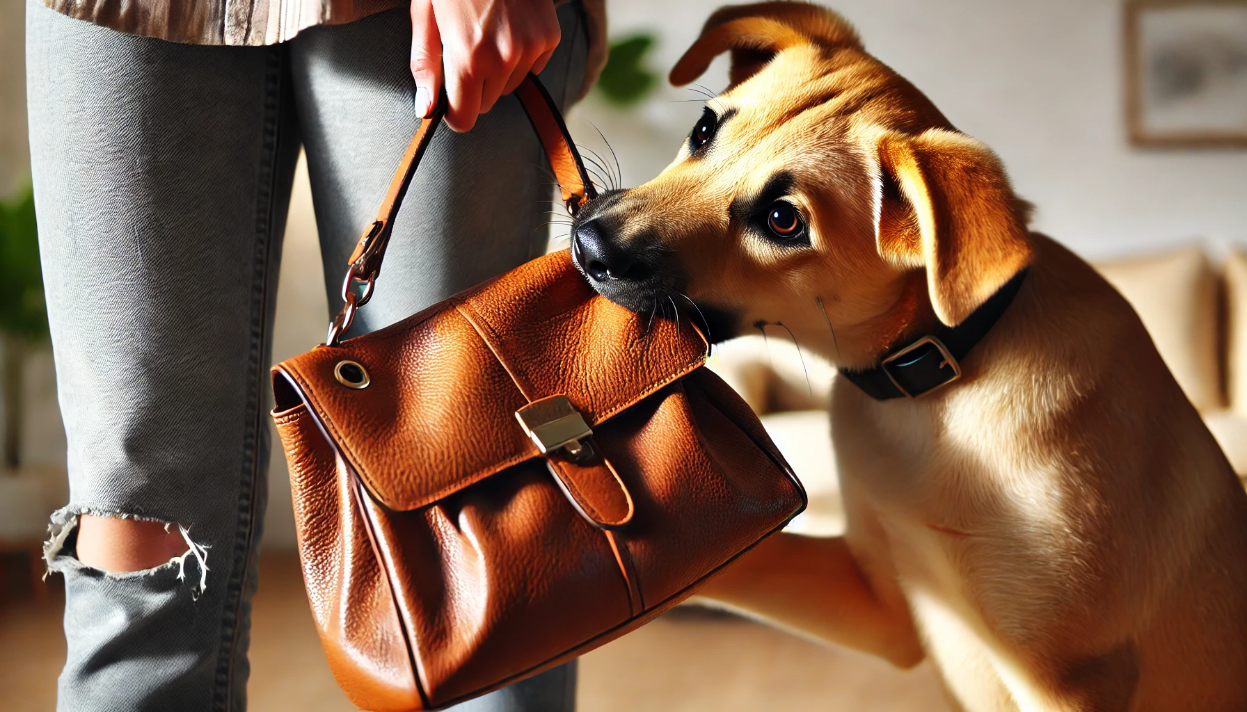 image of an adult dog chewing on a woman's purse. The dog looks playful but mischievous, with the purse showing signs of tearing