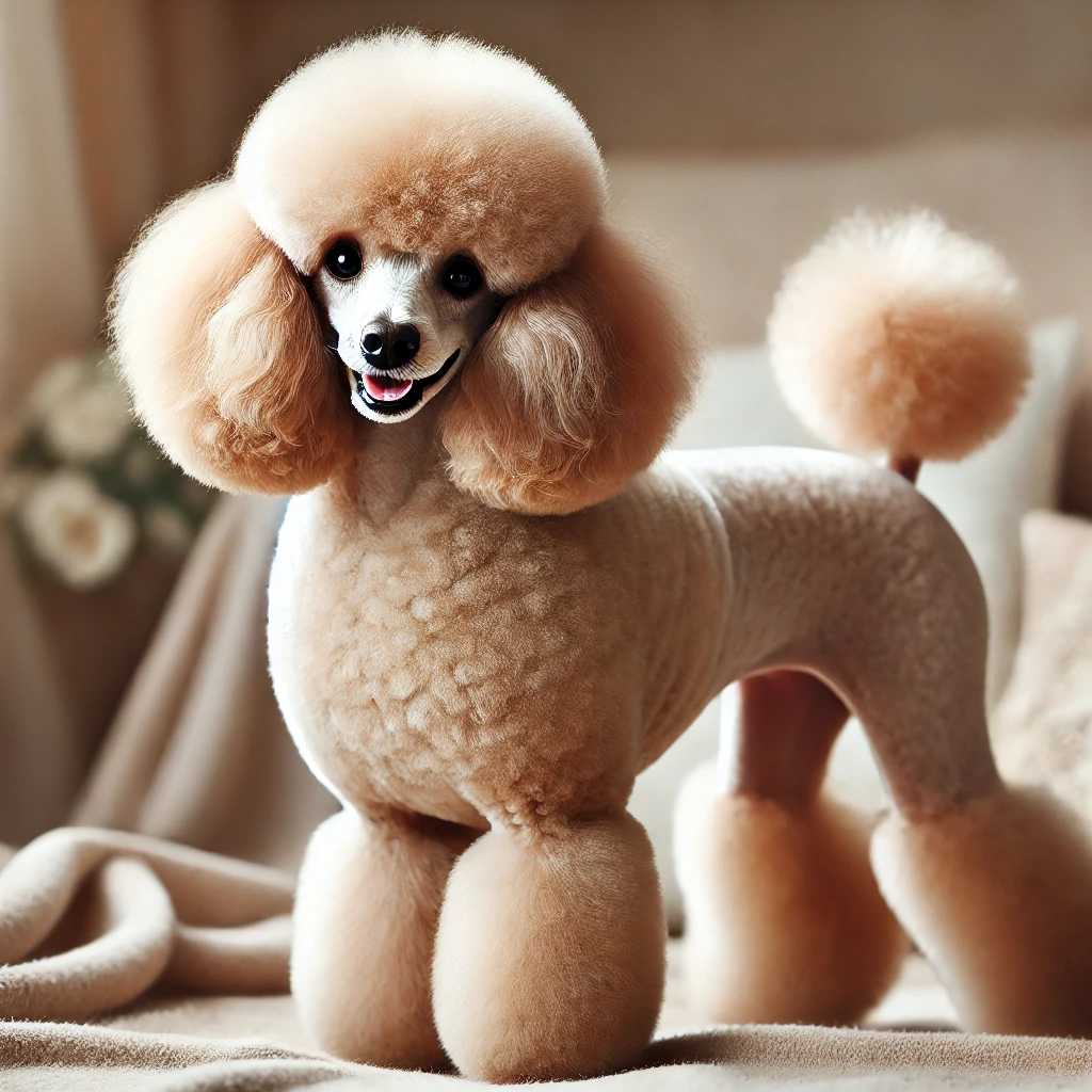 A high-quality image featuring a Poodle dog with a subtle version of the Continental Cut. The dog has smaller, less pronounced pom-poms on the legs