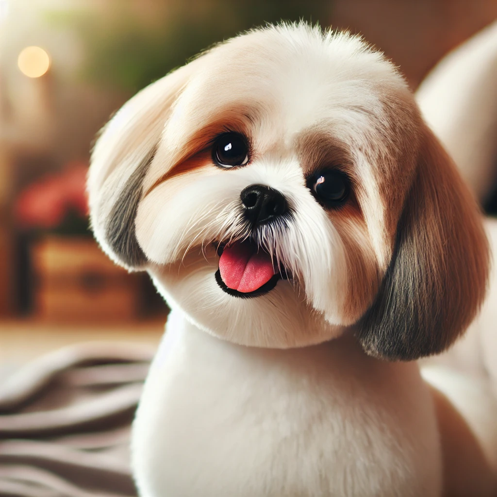 A high-quality image featuring a Shih Tzu dog with a teddy-bear cut. The dog looks adorable, happy, and content, with a rounded, fluffy coat.