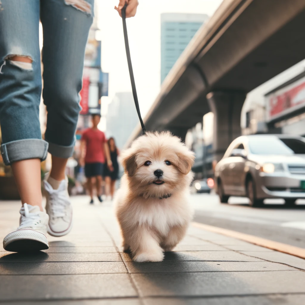 a person walking a small dog on a leash on a busy sidewalk in a city