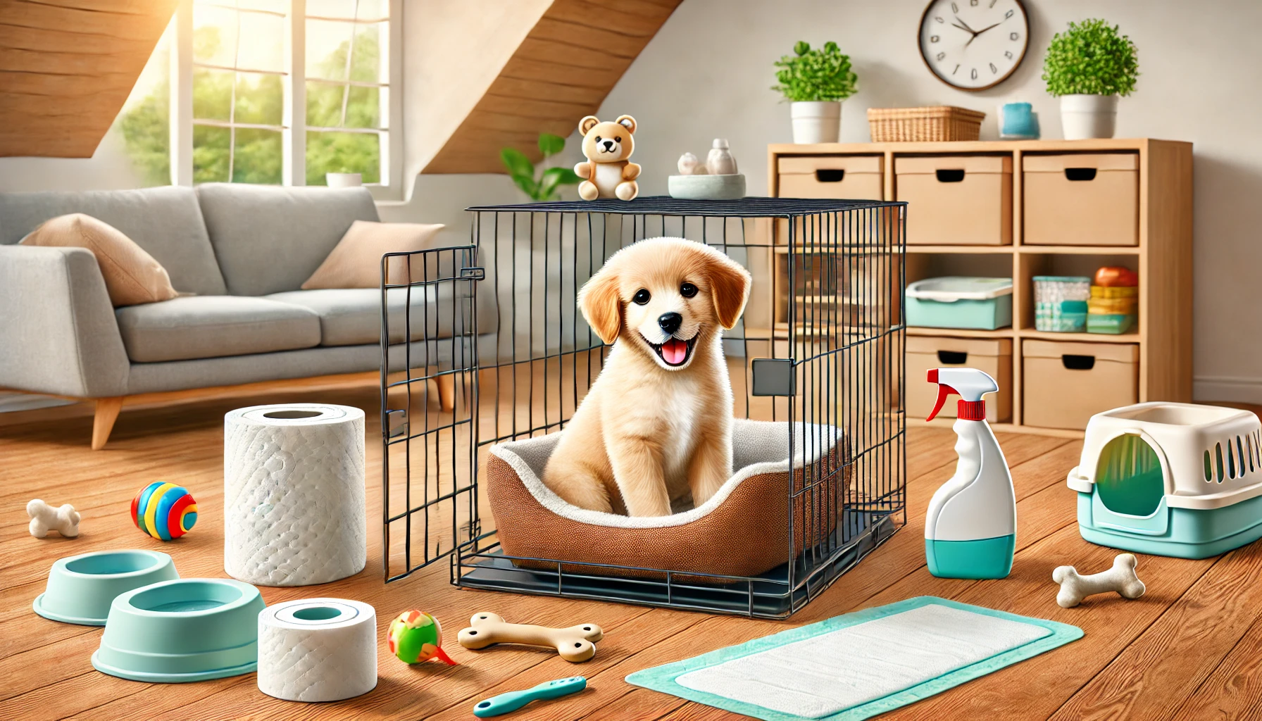 a happy puppy sitting in a crate surrounded by potty training supplies