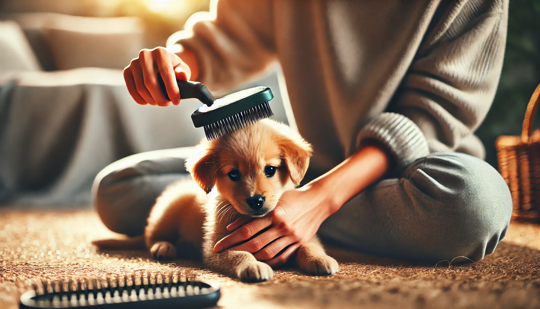 image of a person gently brushing a small puppy's coat
