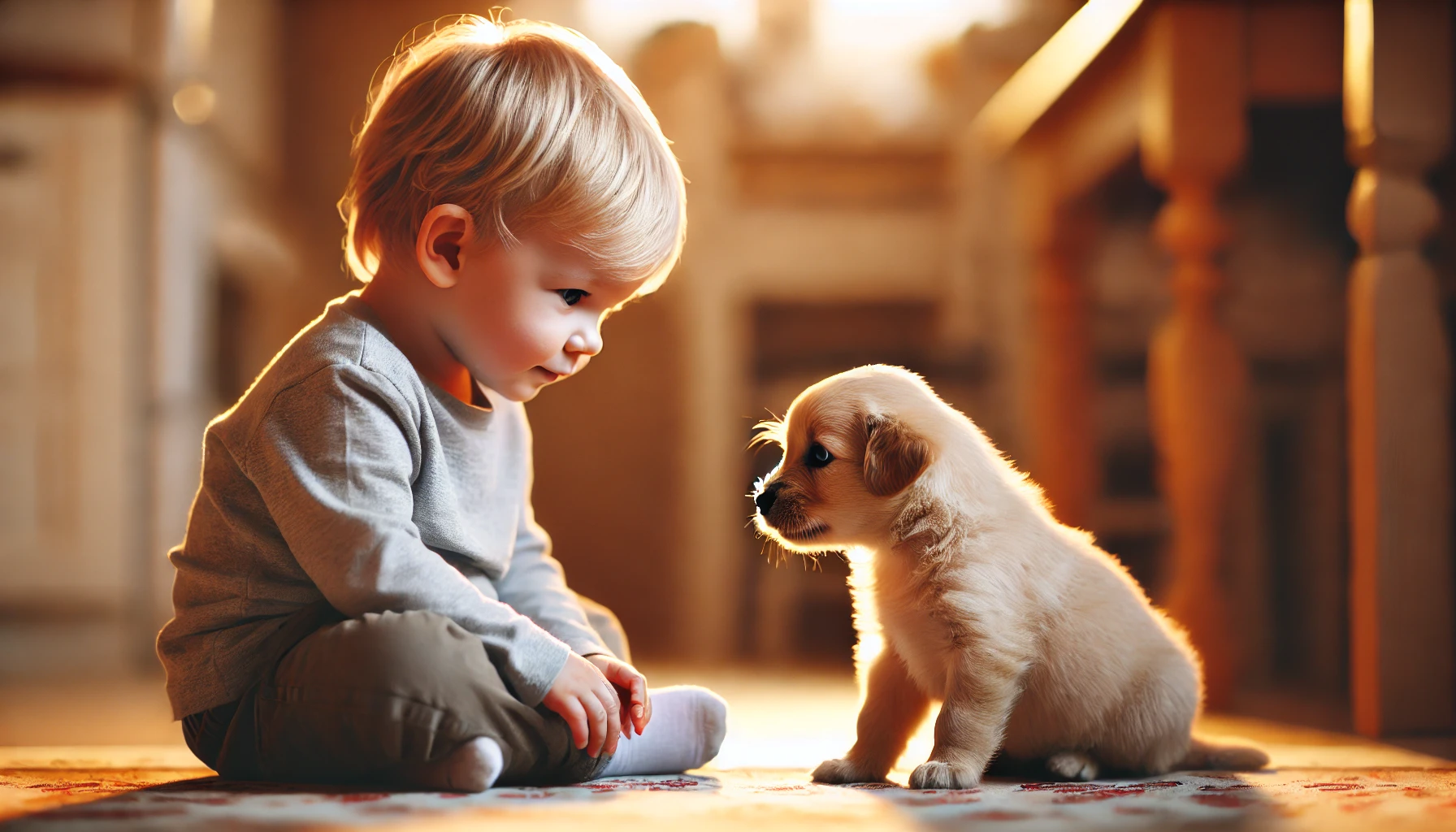 a small puppy and a smile child sitting on the floor in front of each other