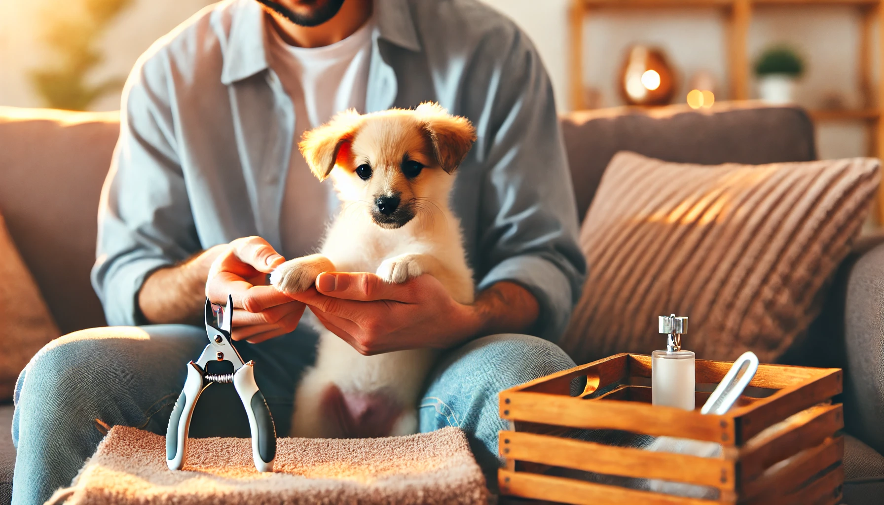  image of a person doting on a small puppy while gently handling the puppy's paws. They are sitting on a cozy couch 