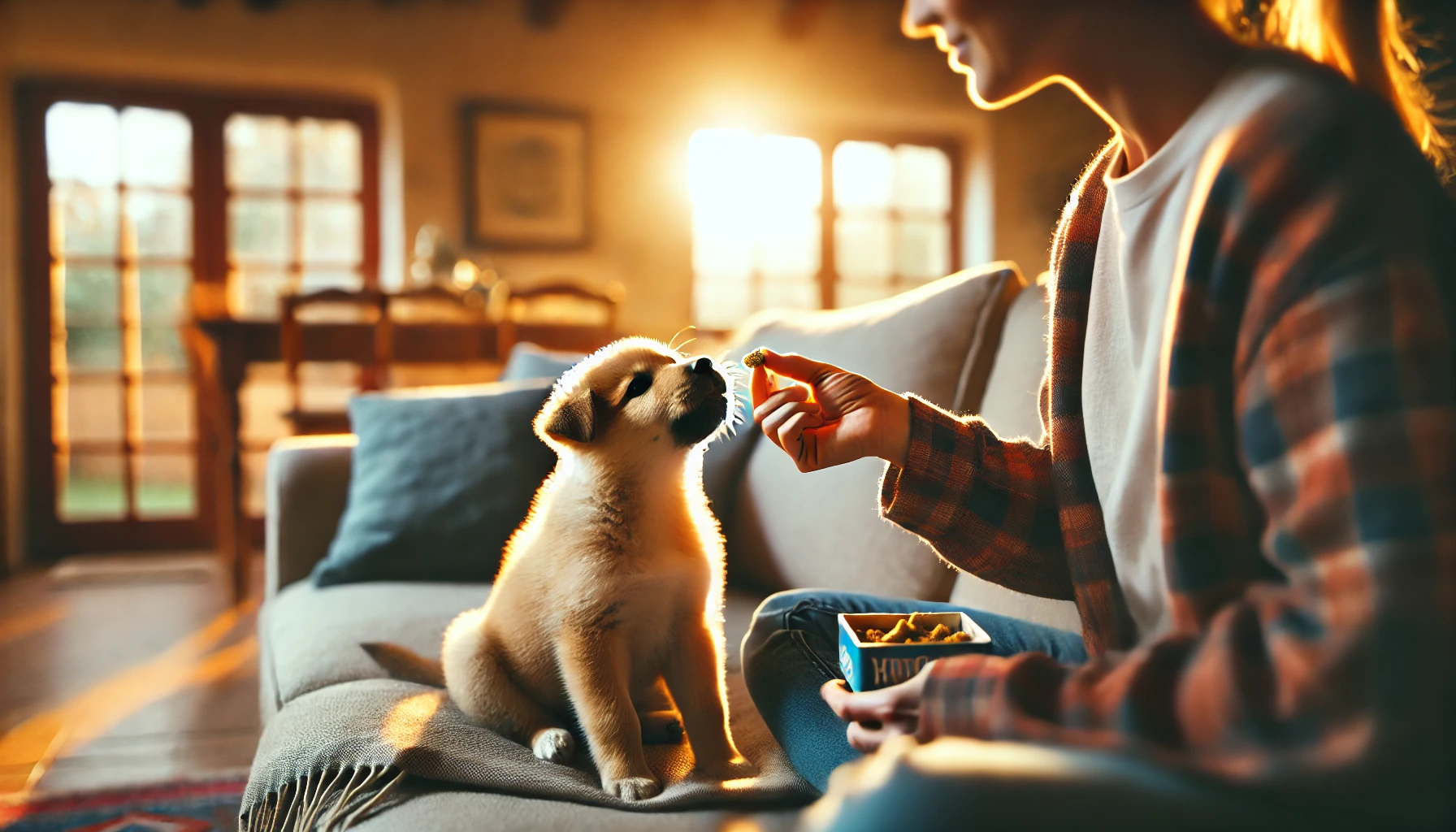  image of a person sitting on a cozy couch, giving a puppy some treats. The scene is warm and inviting.