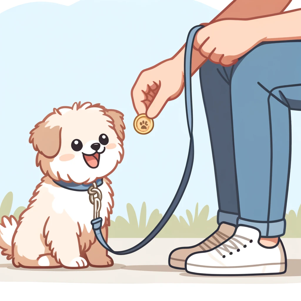 a puppy on a leash next to a person holding a treat