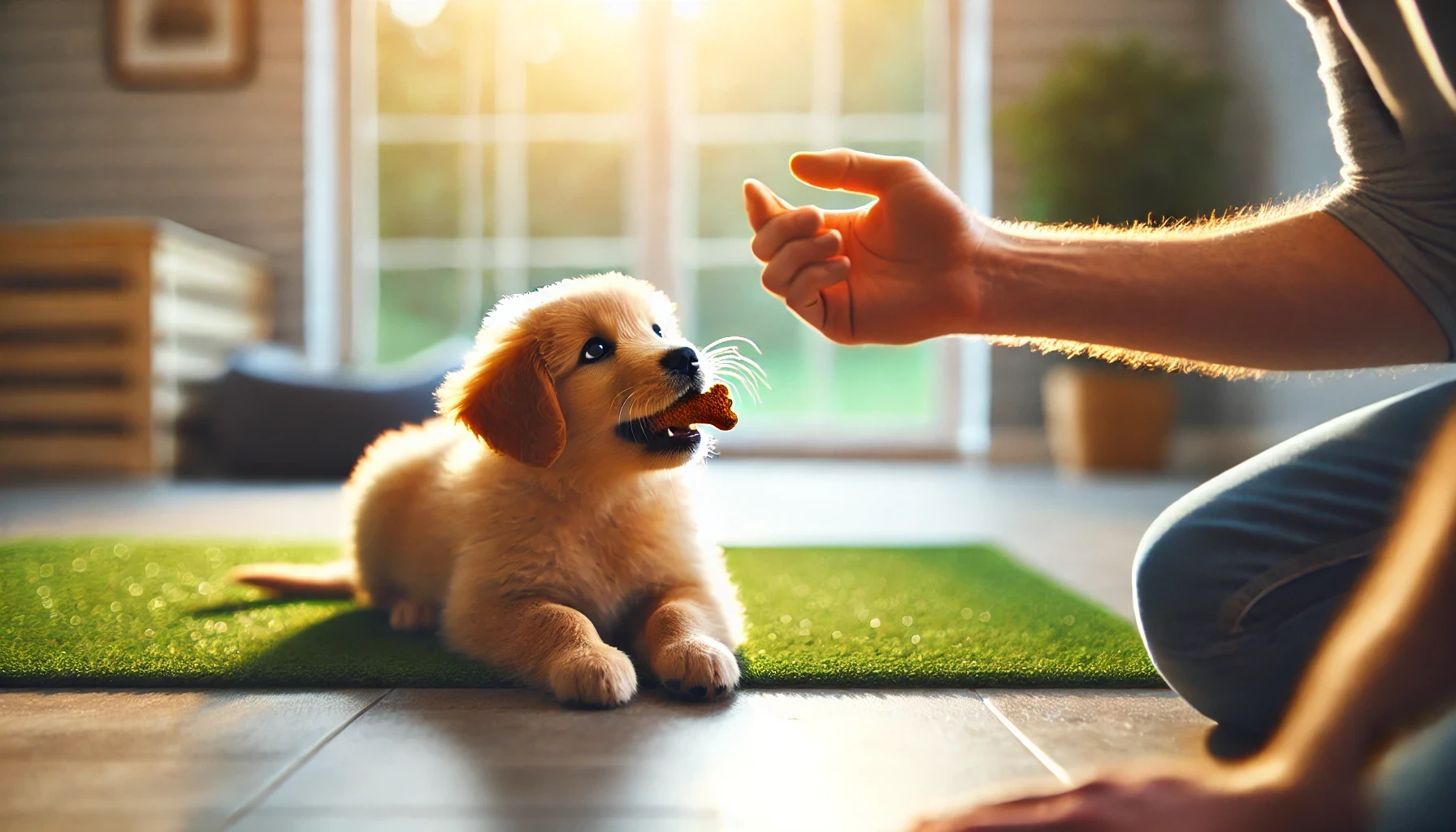  image of a small puppy learning the DROP IT command. The scene shows the puppy holding a toy or object in its mouth.