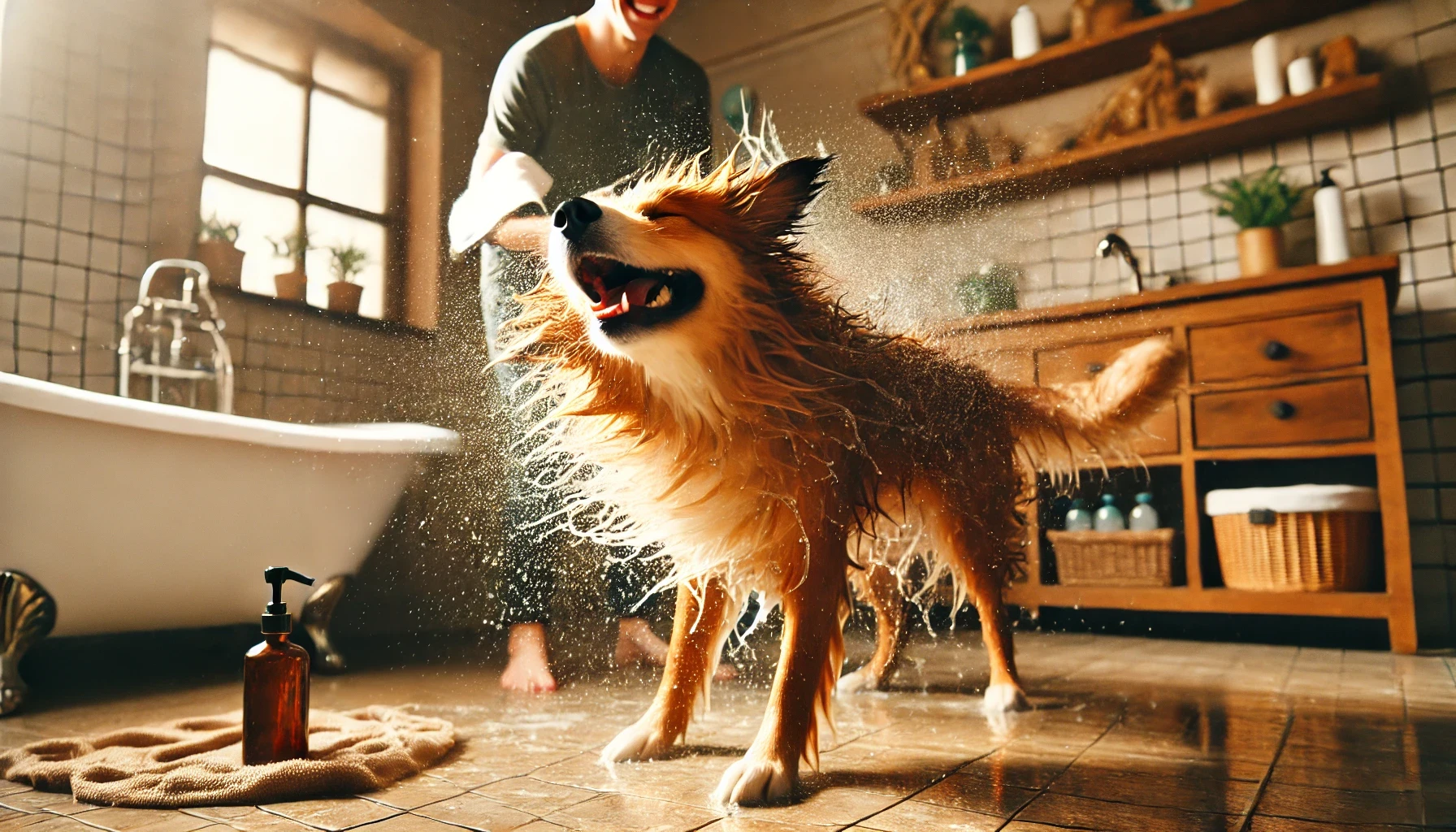 image of a dog shaking off excess water after a bath. The dog is wet, with water droplets flying off as it shakes its body