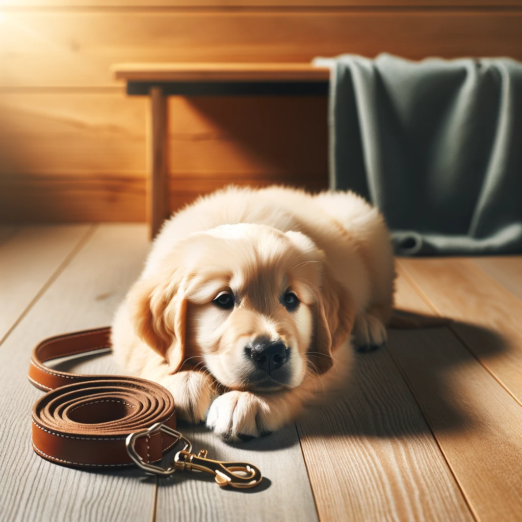 a dog laying on the floor next to a leash.