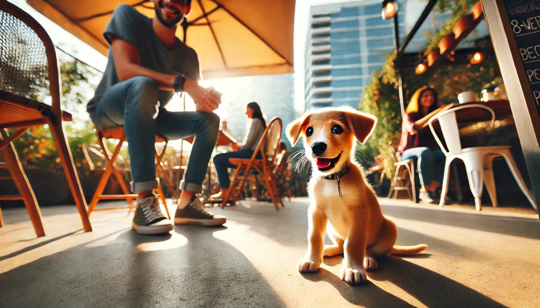 a puppy sitting on the floor in a pet-friendly cafe