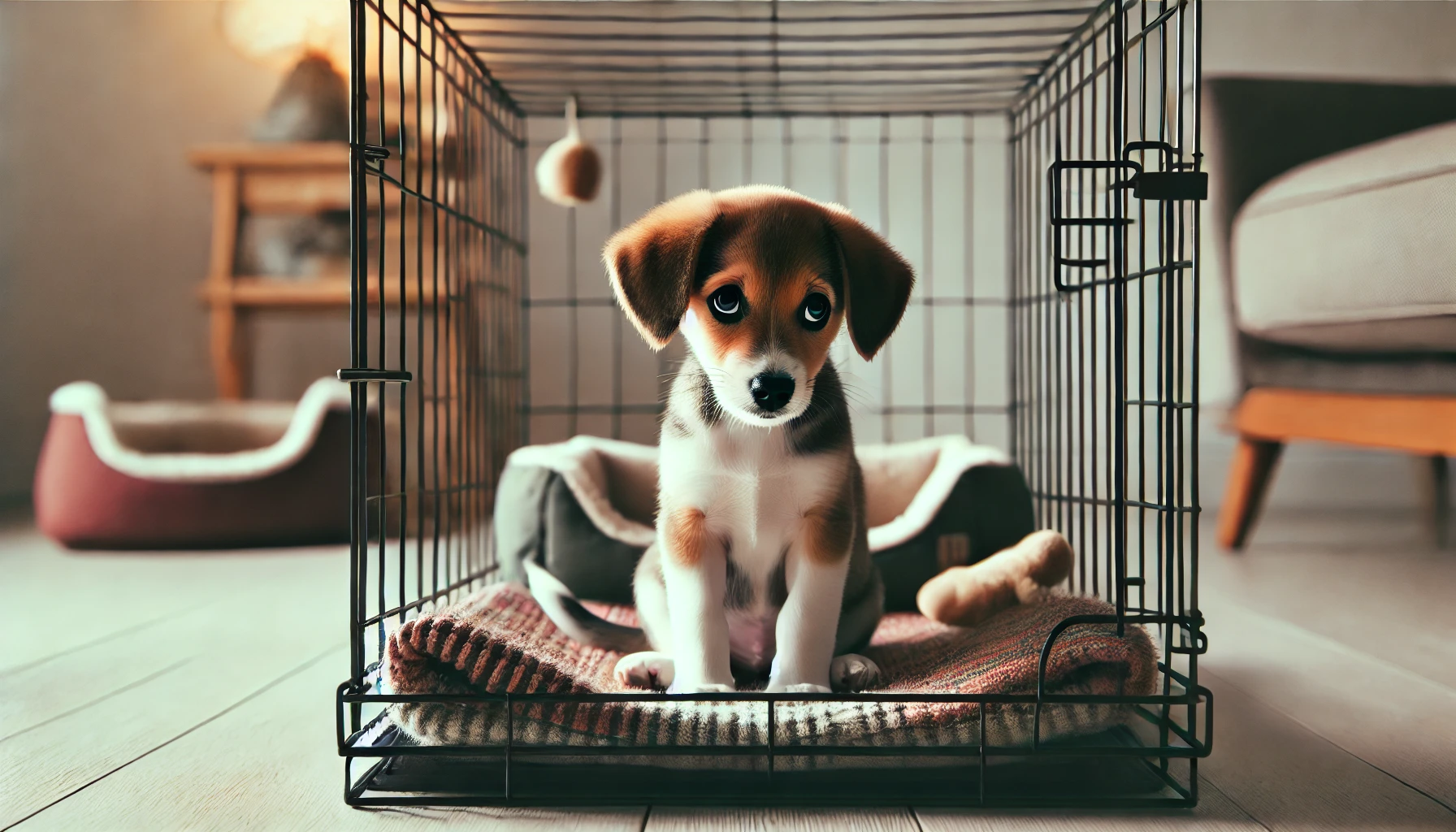 image of a small puppy with its tail between its legs in a crate. The puppy looks sad and anxious