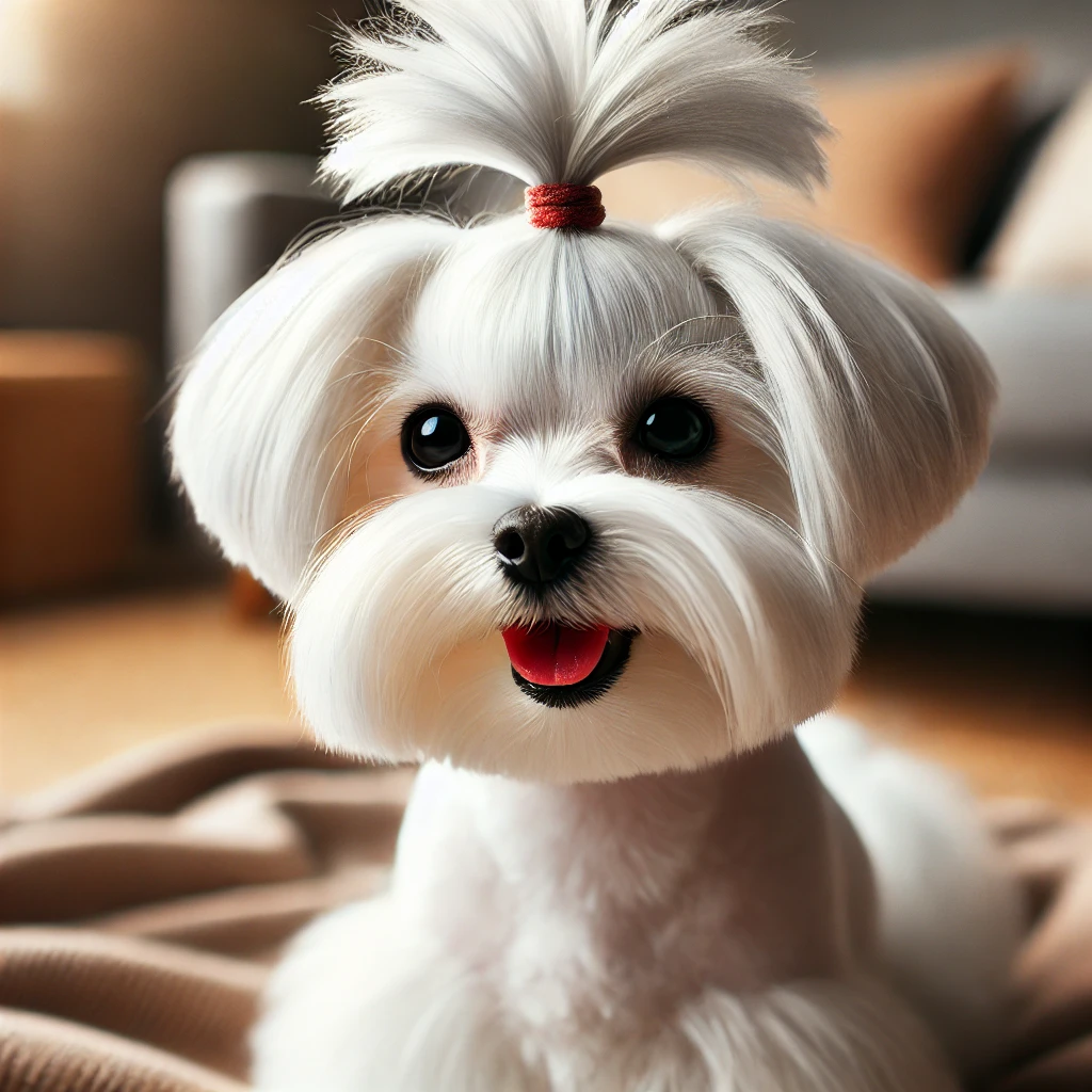 A high-quality image featuring a Maltese dog with a stylish top knot. The dog's hair is gathered on top of its head into a small, neat ponytail or bun