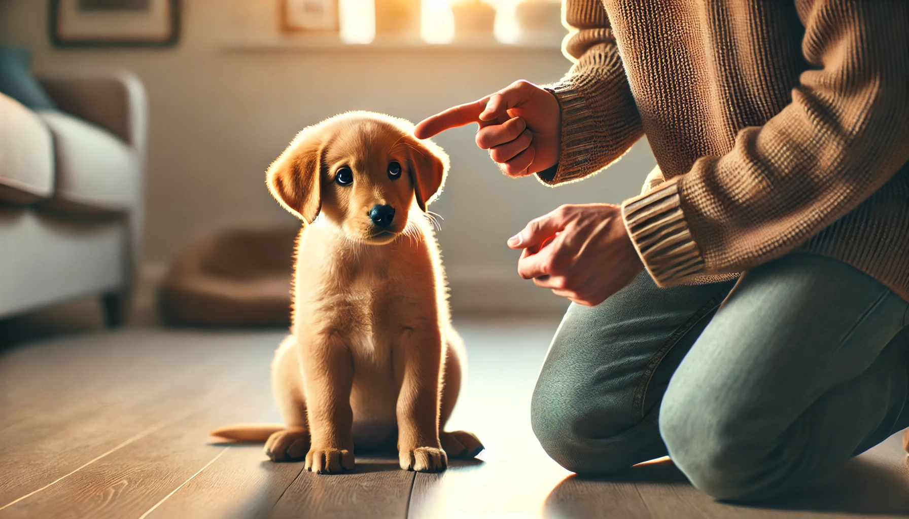  image of a puppy being lightly scolded by a person. The puppy looks a bit guilty or sad, while the person is gently pointy at the puppy