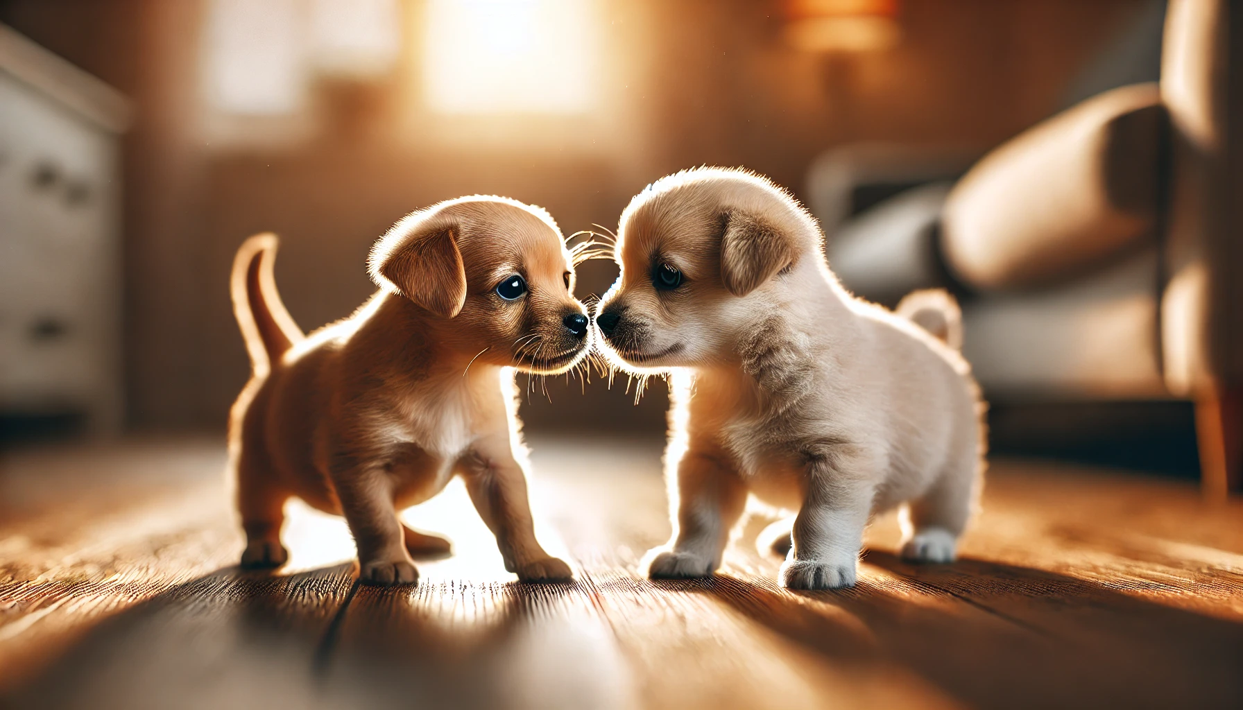 image of two small and cute puppies meeting each other for the first time. The puppies look curious and friendly, sniffing eachother