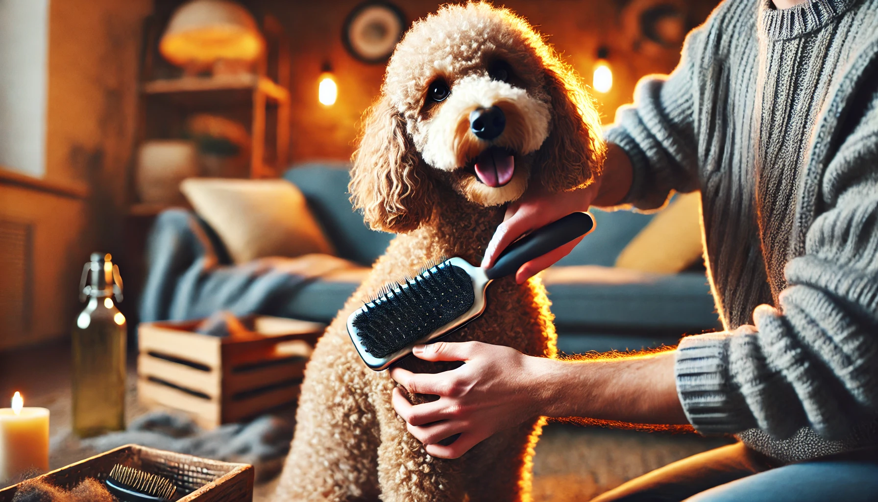 image of a person brushing a curly-coated dog using a brushing tool specifically made for dog coats. The dog looks comfortable