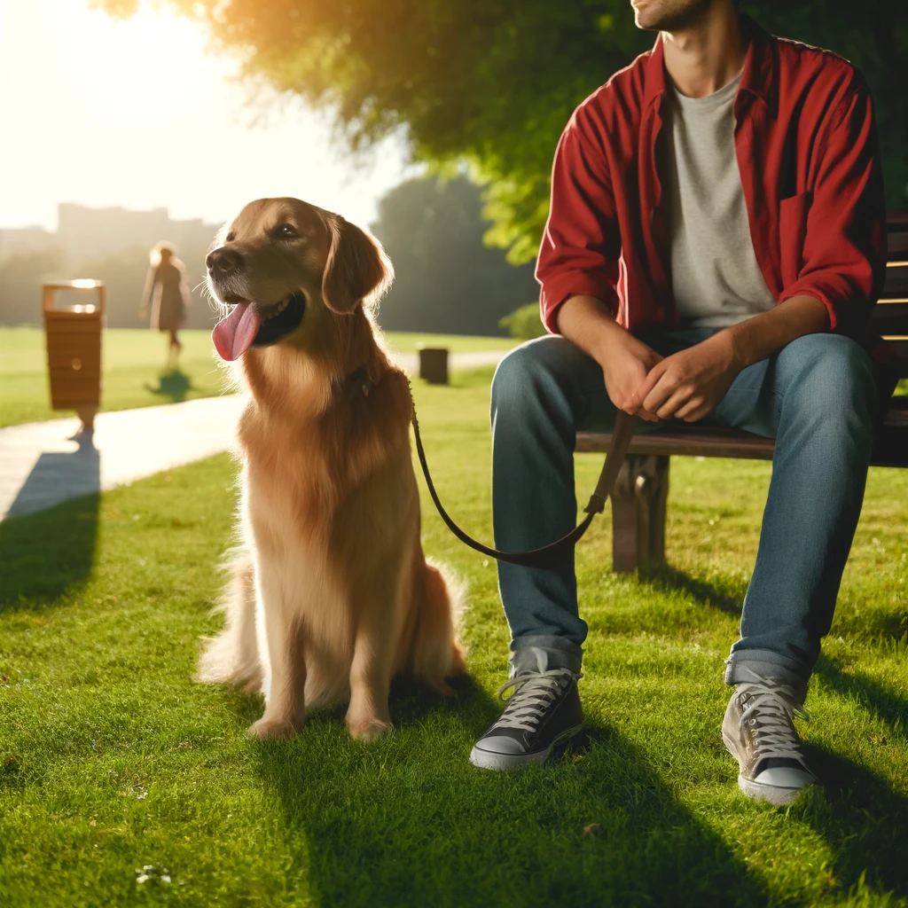 a dog wearing a leash sitting by a person. the dog is calm and appears leash trained