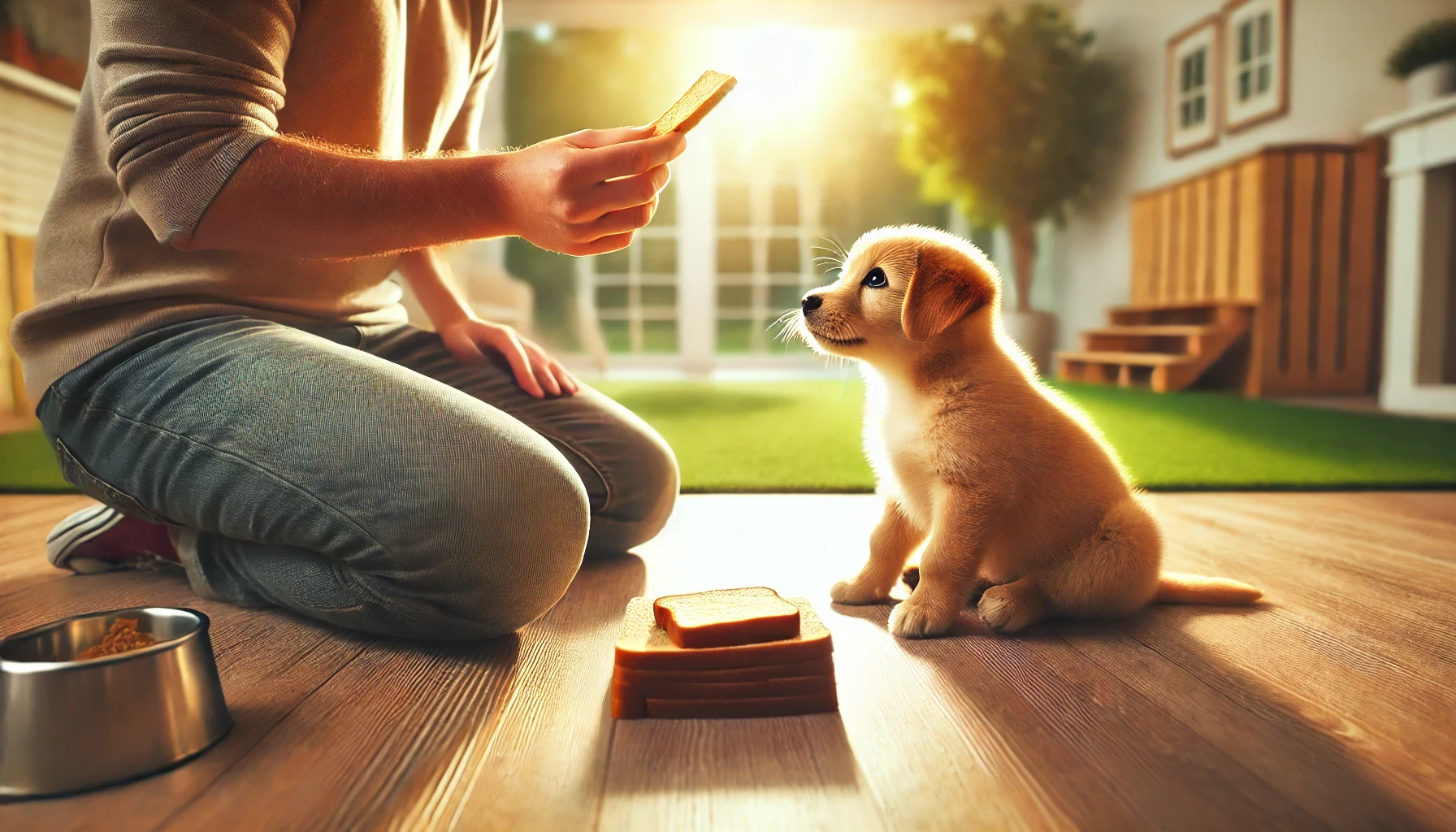 image of a small puppy learning the LEAVE IT command