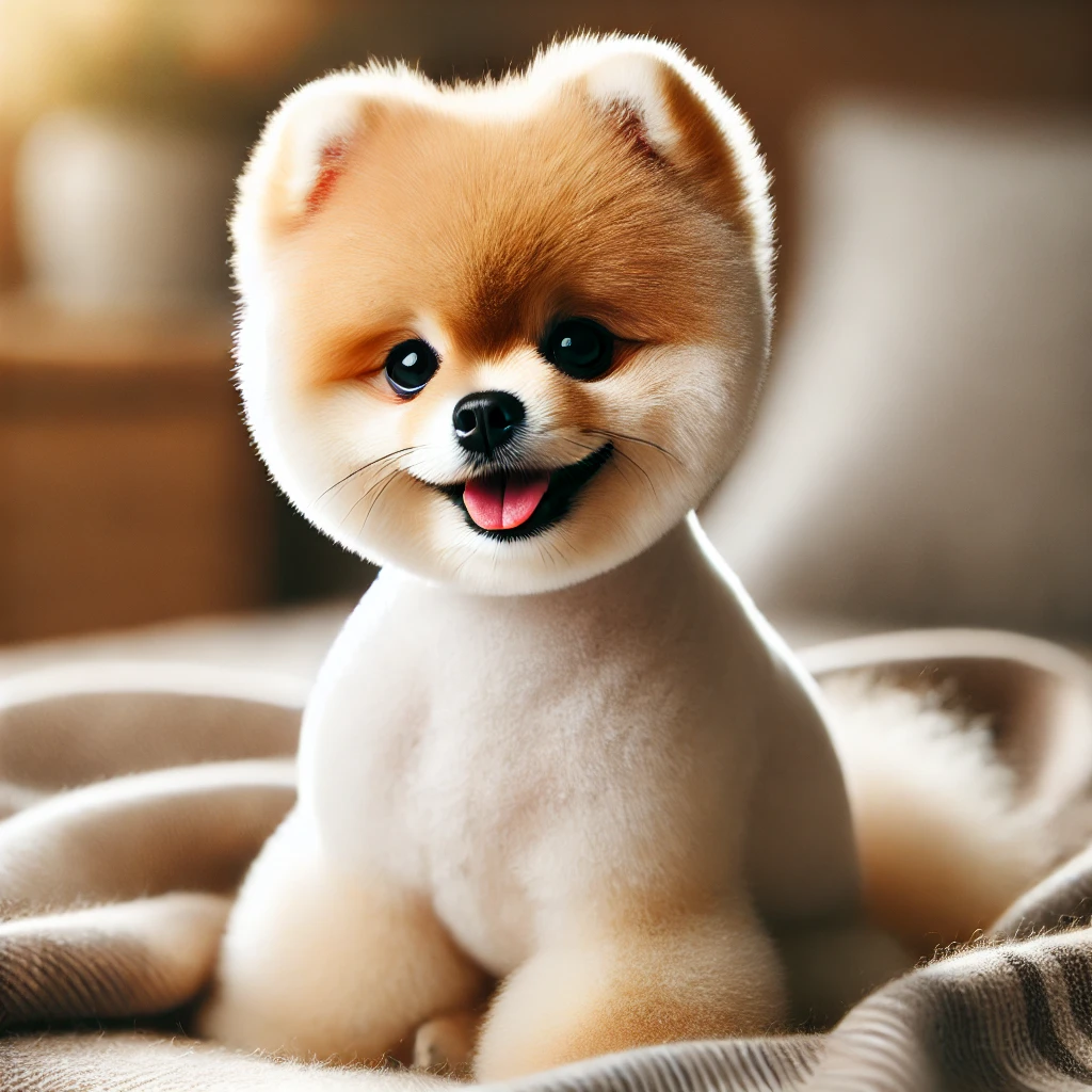 A high-quality image featuring a Pomeranian dog with a kennel cut. The dog has a short, even-length coat all over its body