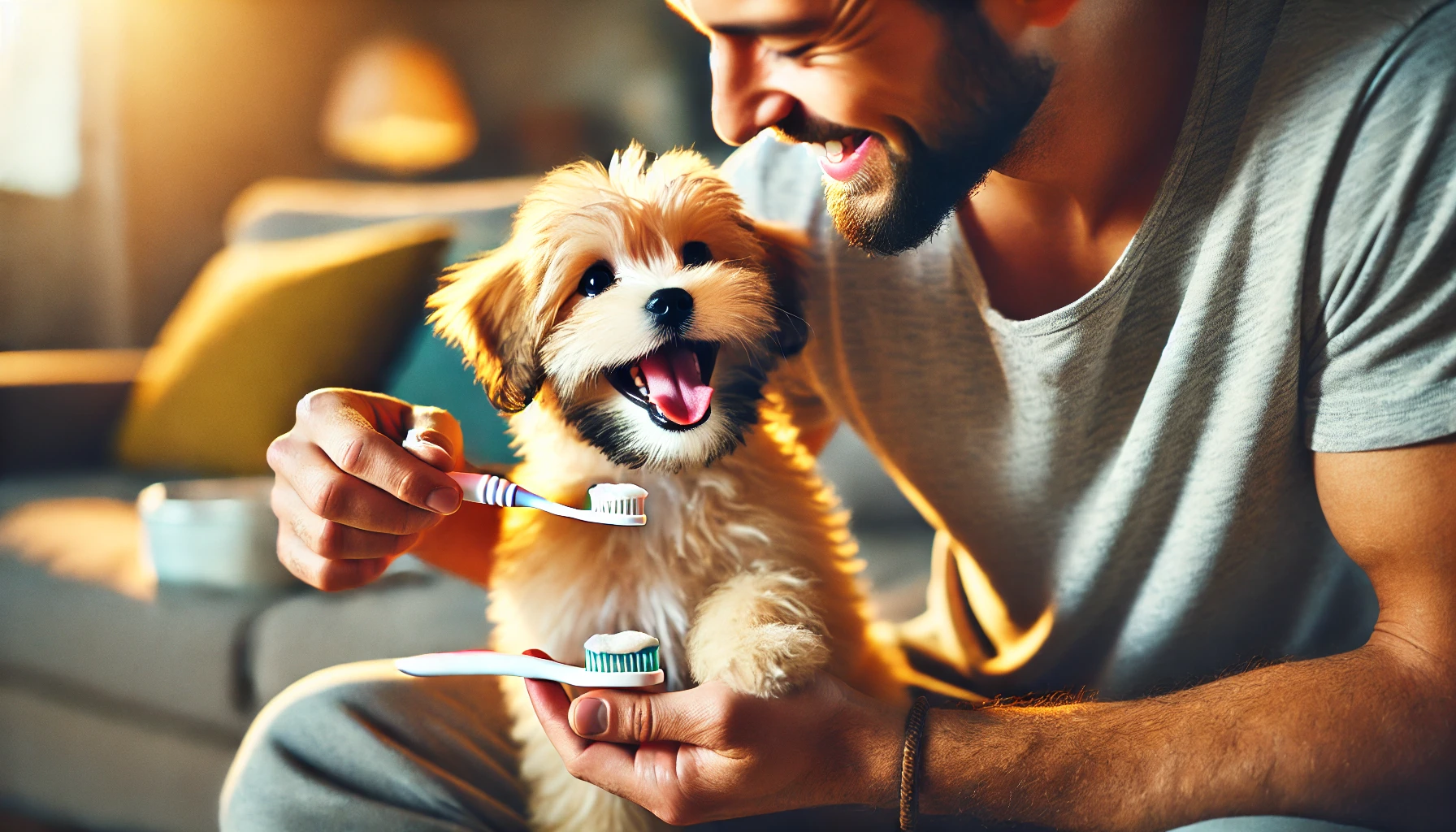 A high-quality image of a person brushing a happy puppy's teeth with a small brush specifically designed for dog dental care