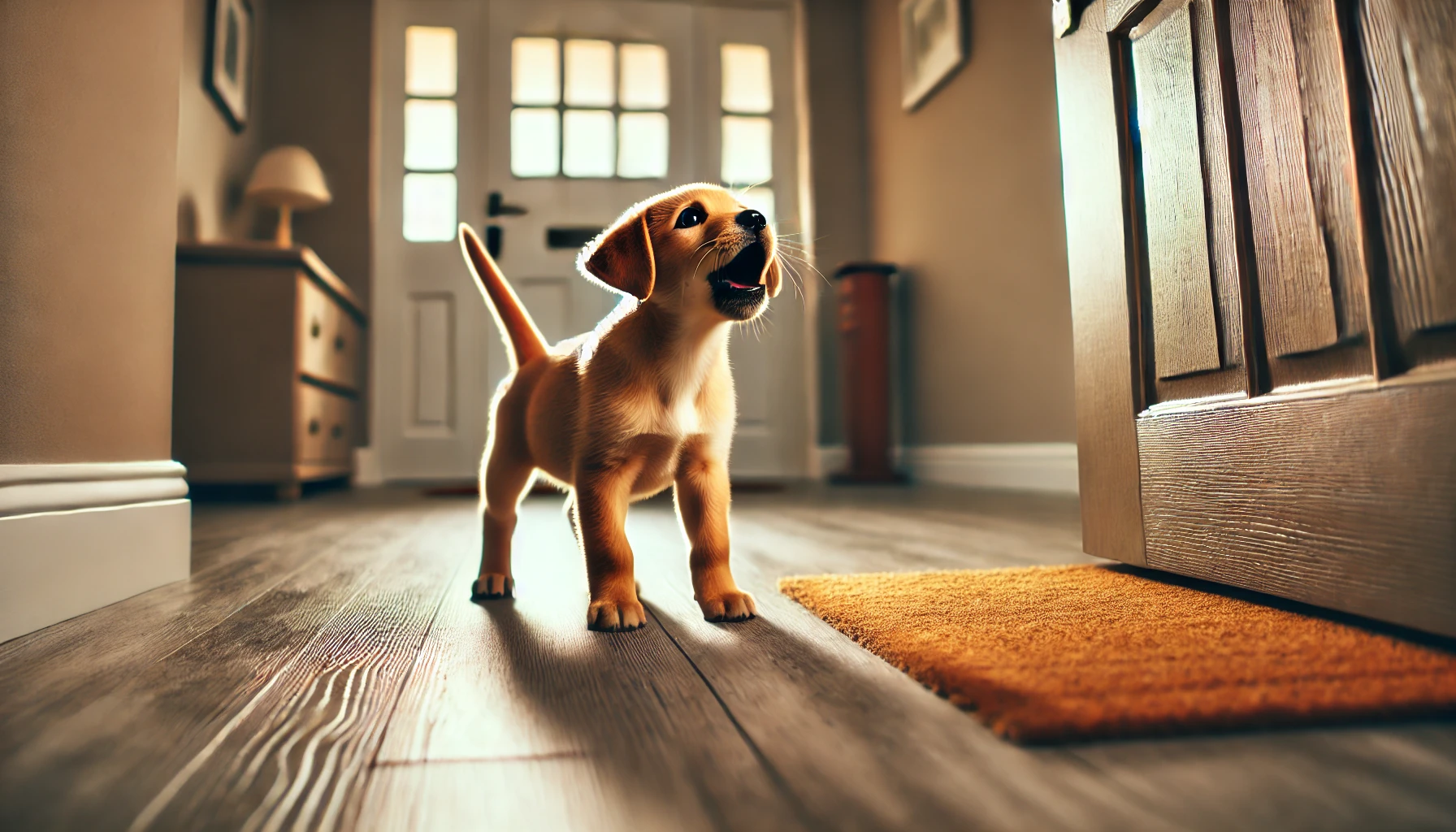 image of a puppy barking at the front door. The puppy looks alert and energetic. 