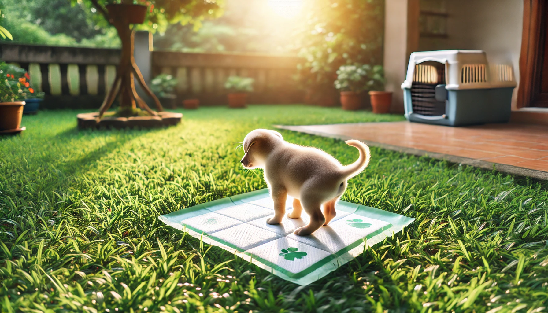 a puppy standing on a potty pad outdoors on the grass