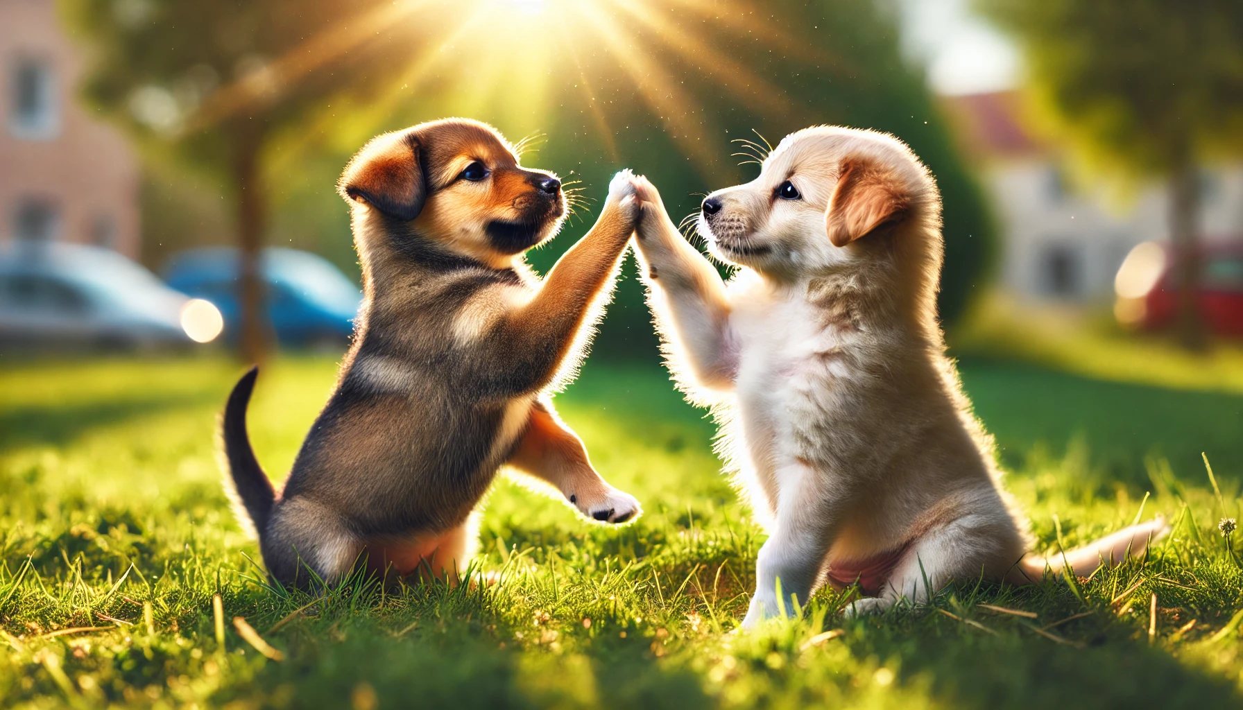 two puppies sitting on grass high-five-ing each other