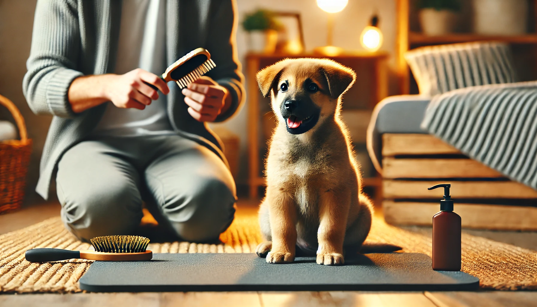 image of a puppy sitting comfortably on a non-slip mat, waiting to be brushed by a person. The scene is cozy. 