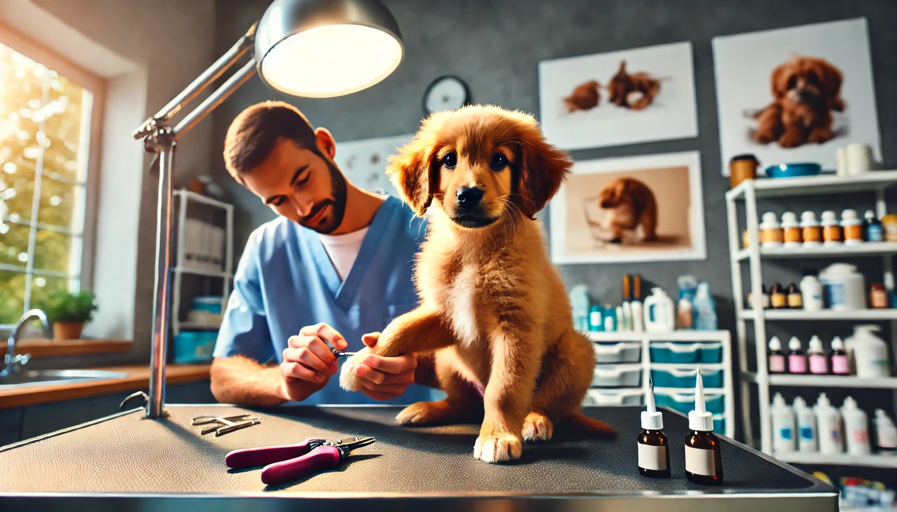 image of a puppy at the groomer's, where a professional groomer is cutting the puppy's nails using guillotine clippers