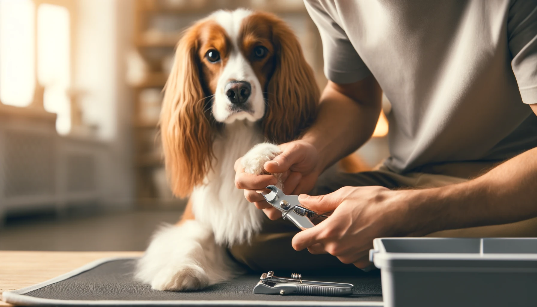 image of a person clipping a dog's nails. The scene shows the person carefully holding the dog's paw while using a nail clipper