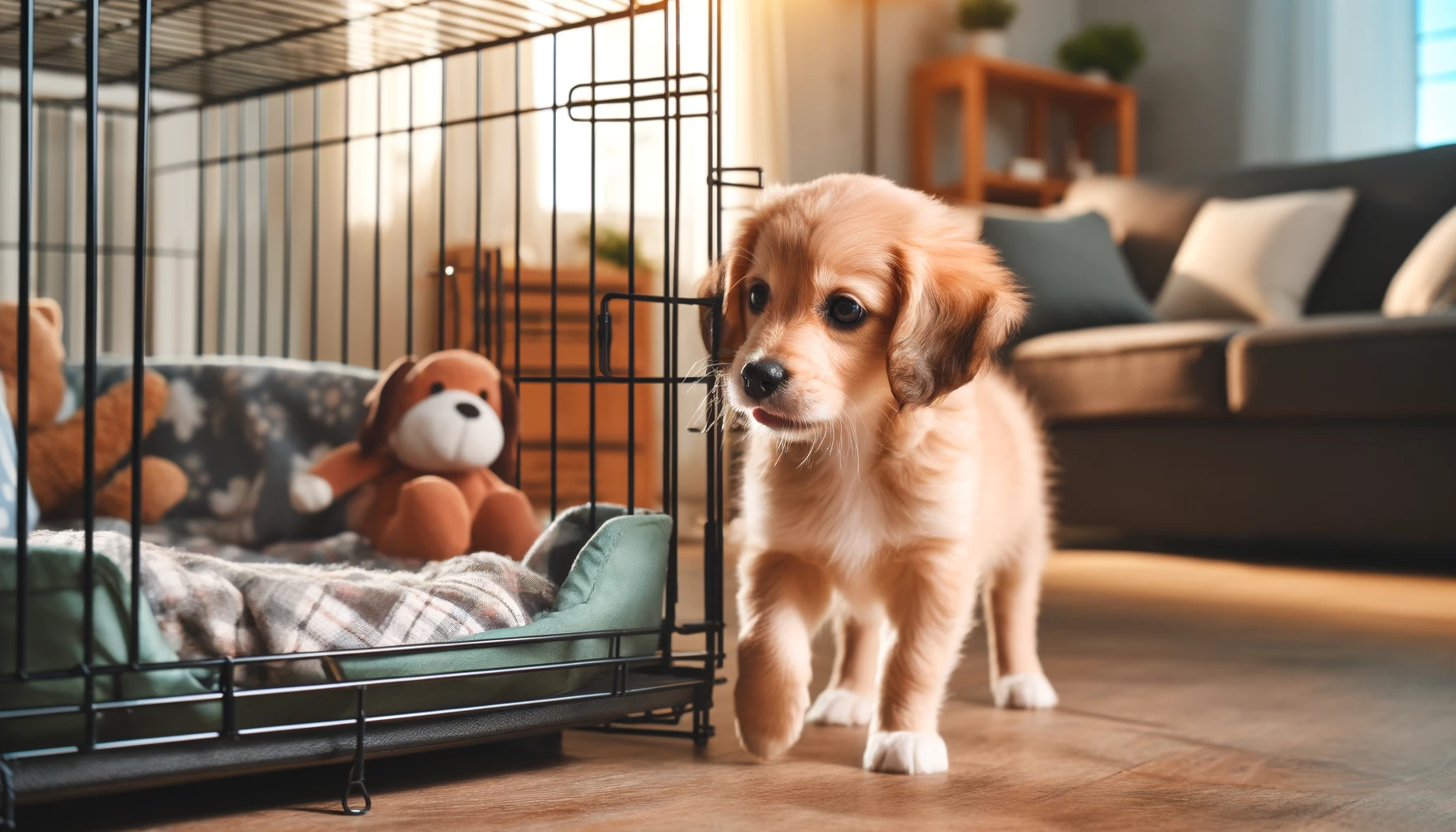 image of a small puppy inspecting a dog crate. The puppy looks curious, sniffing and examining the crate. 