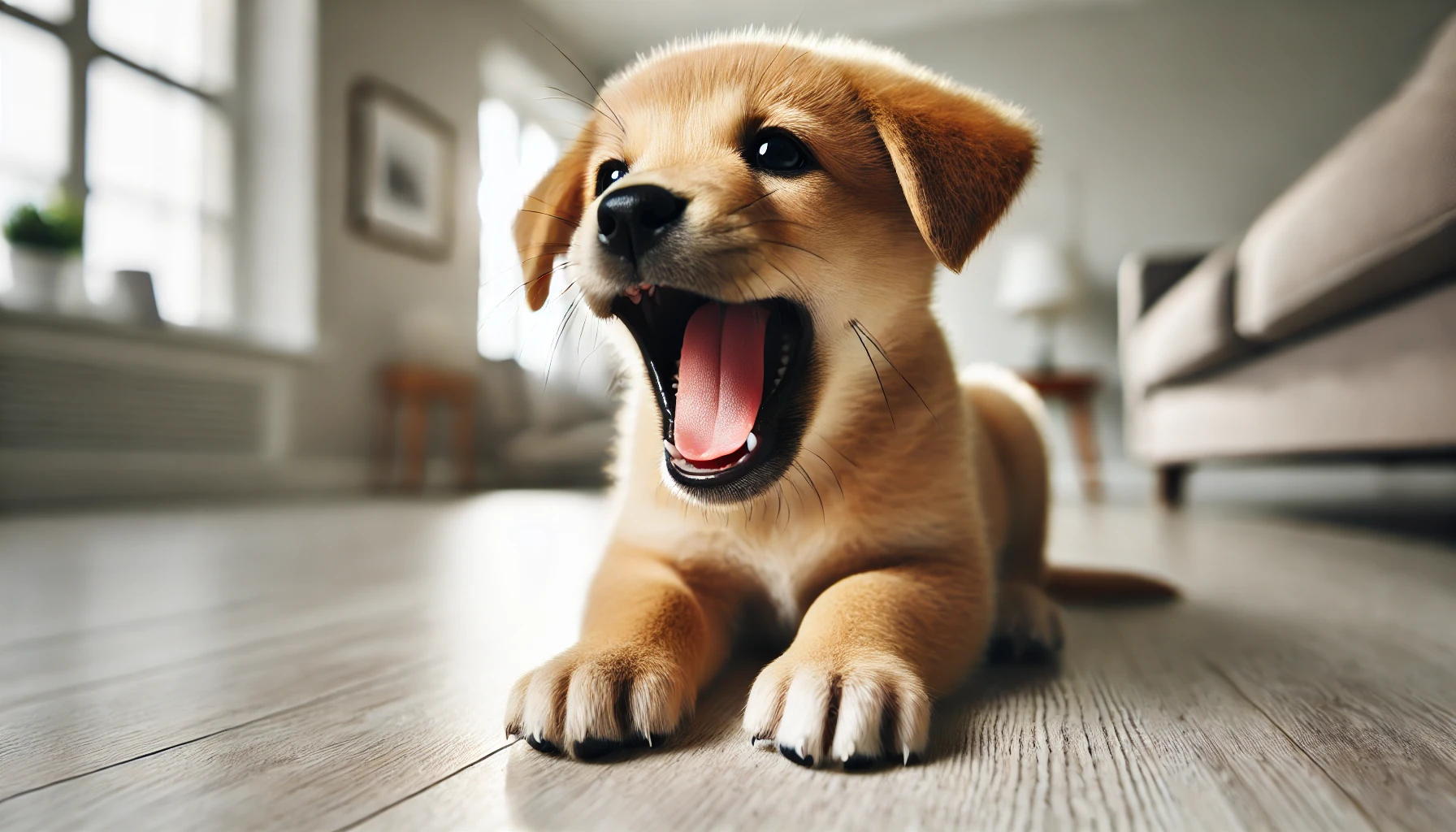 image of a puppy showing its teeth. The puppy might be playfully growling, yawning, or in a moment of excitement.