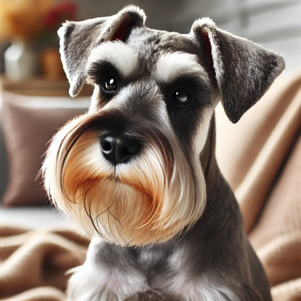 A high-quality image featuring a Schnauzer dog with the classic Schnauzer Cut. The dog has a distinctive beard, pronounced eyebrows, and short body fur