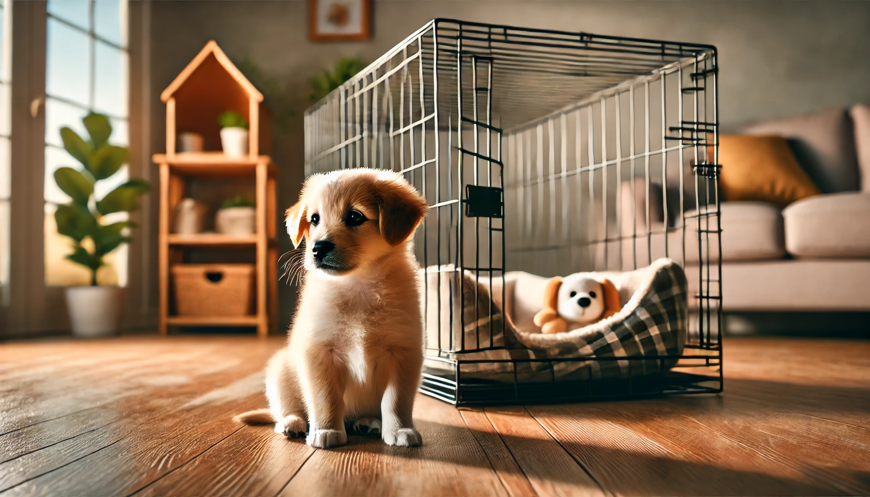 image of a small puppy sitting in front of a dog crate and looking at it. The crate is inviting and comfortable 