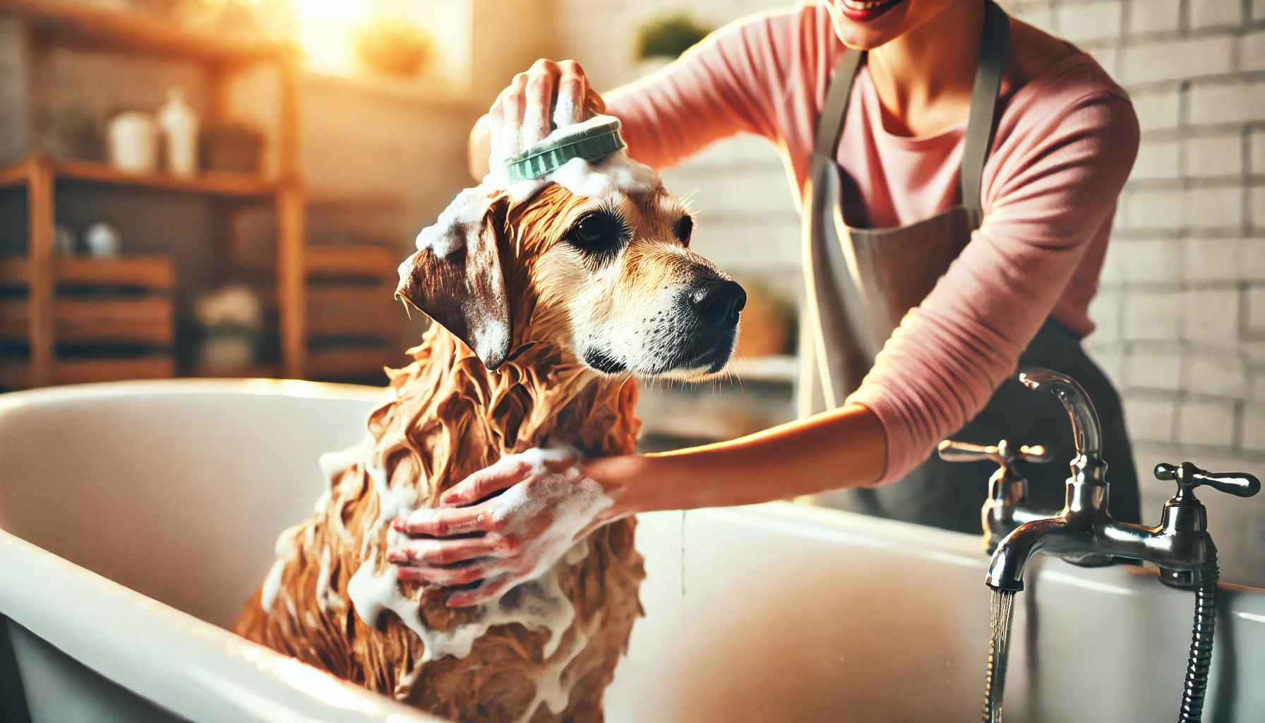 image of a person bathing a dog. The dog is covered in shampoo, and the person is massaging the shampoo into its coat