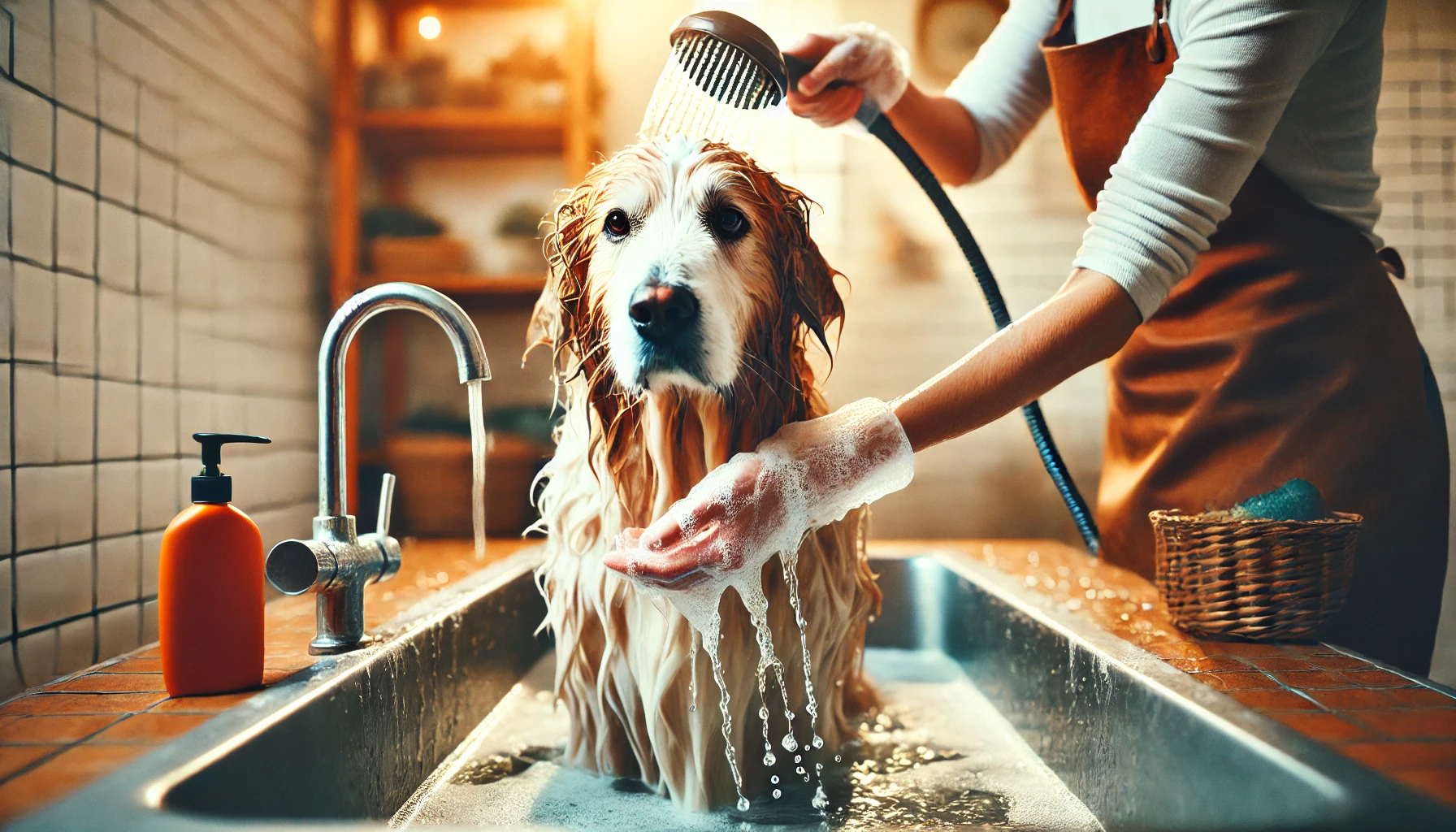 image of a person rinsing shampoo off a dog during a bath. The dog looks content as the water washes away the suds
