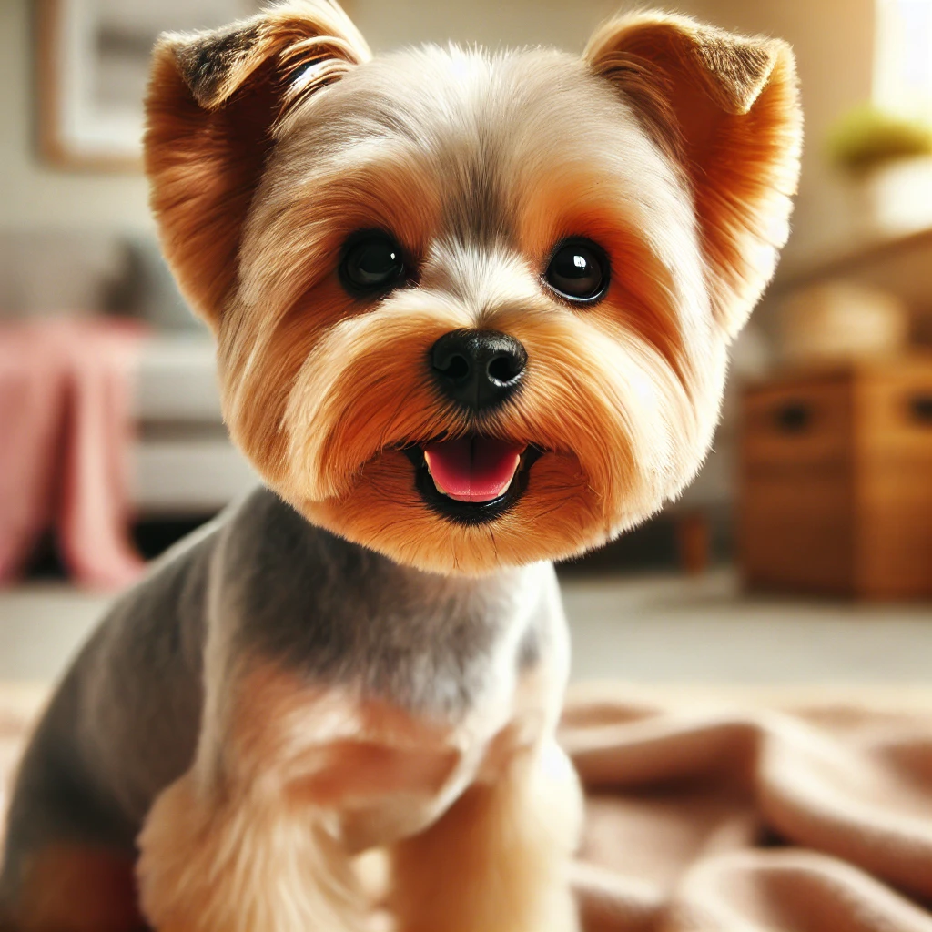 A high-quality image featuring a Yorkshire Terrier (Yorkie) dog with a summer cut. The dog's fur is cut short and manageable, ideal for staying cool