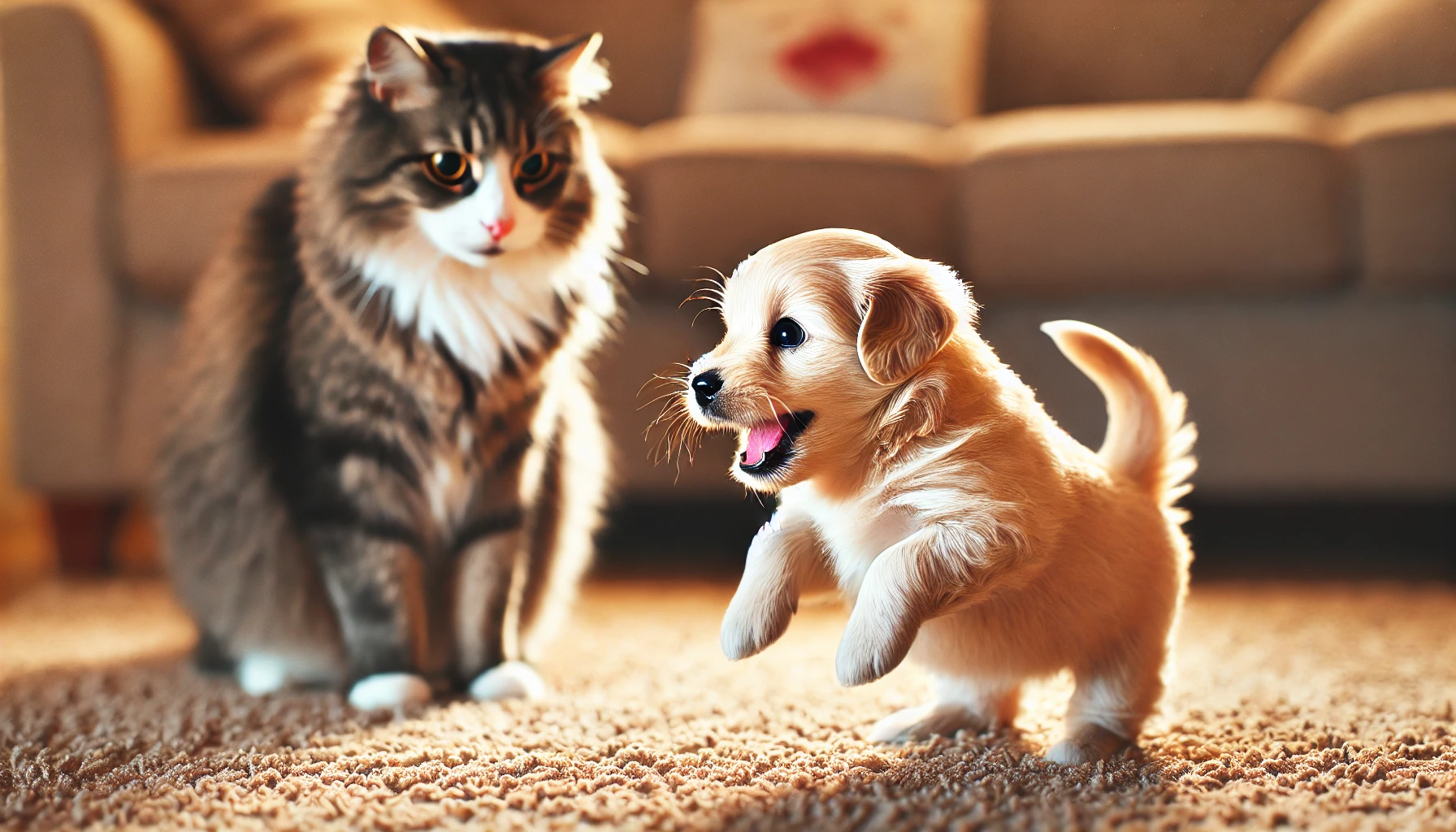a puppy dog and a cat playing together