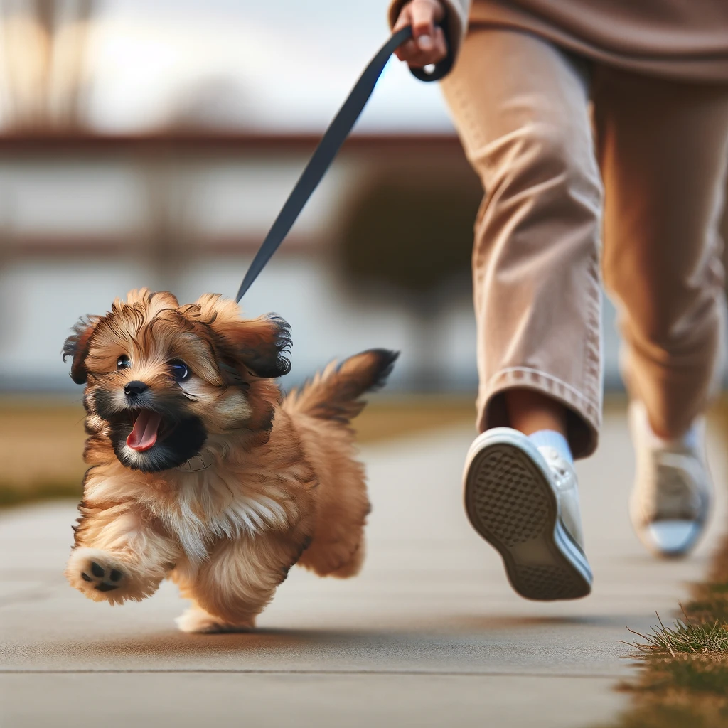 a puppy on a leash and a person running together