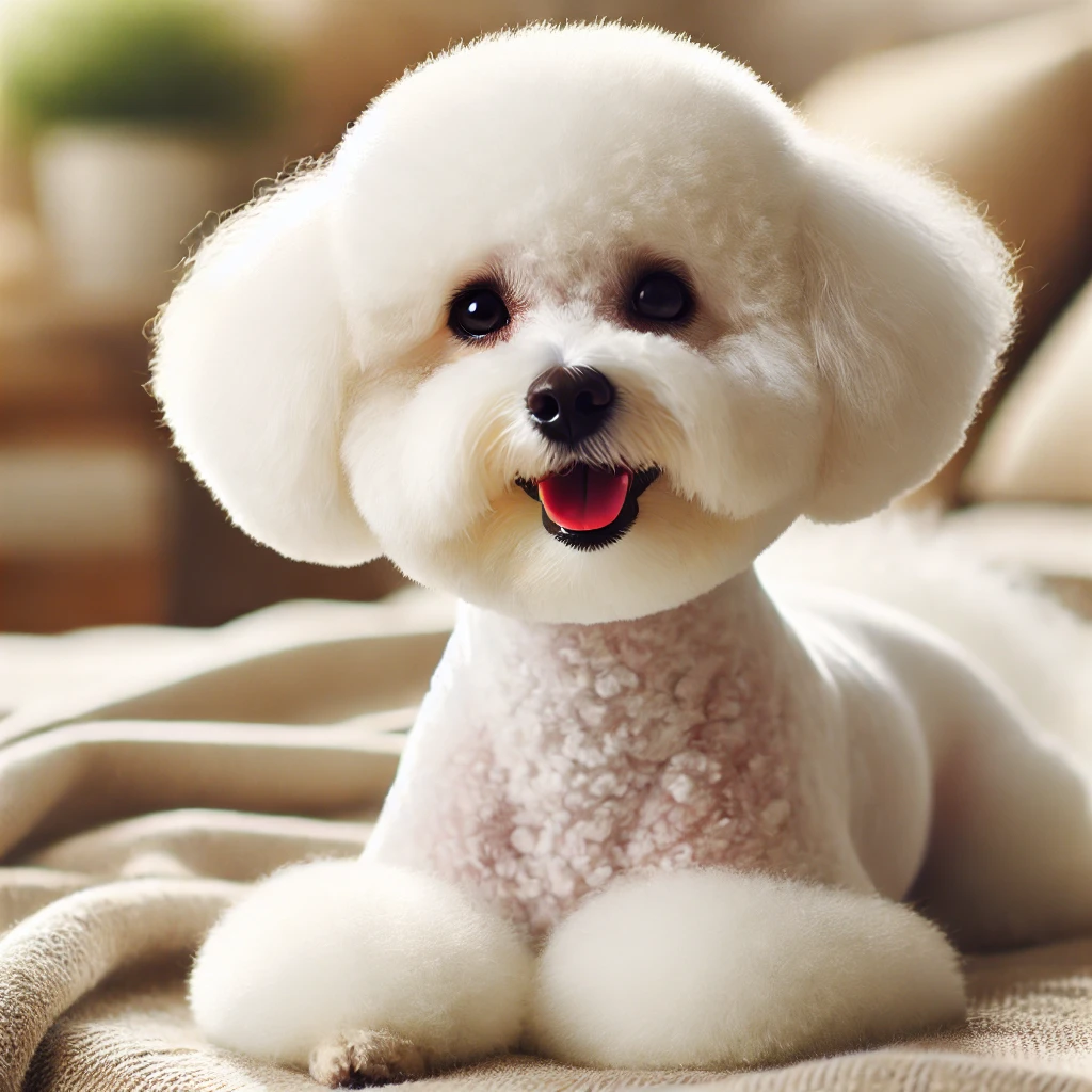 A high-quality image featuring a Bichon Frise dog with a lamb cut. The dog has a closely clipped body with longer fur on the legs and around the face
