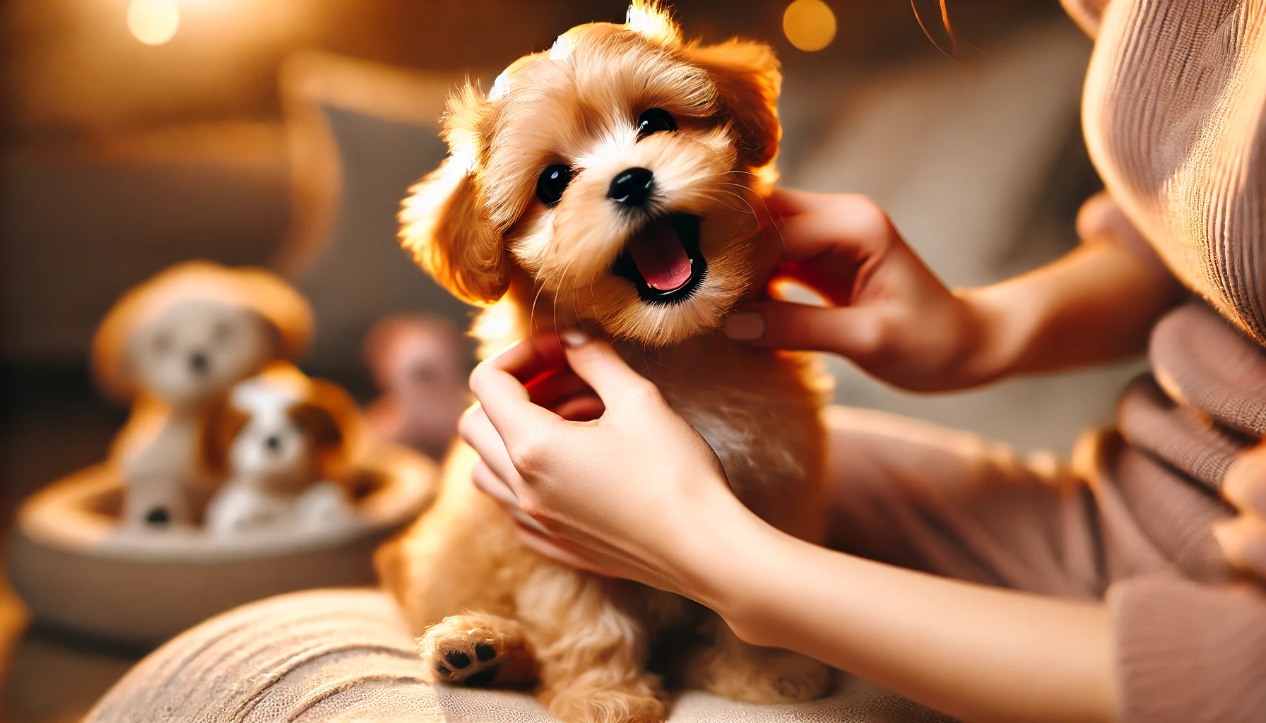 image of a small and cute puppy being spoiled and growling playfully. The puppy looks cute but mischievous 