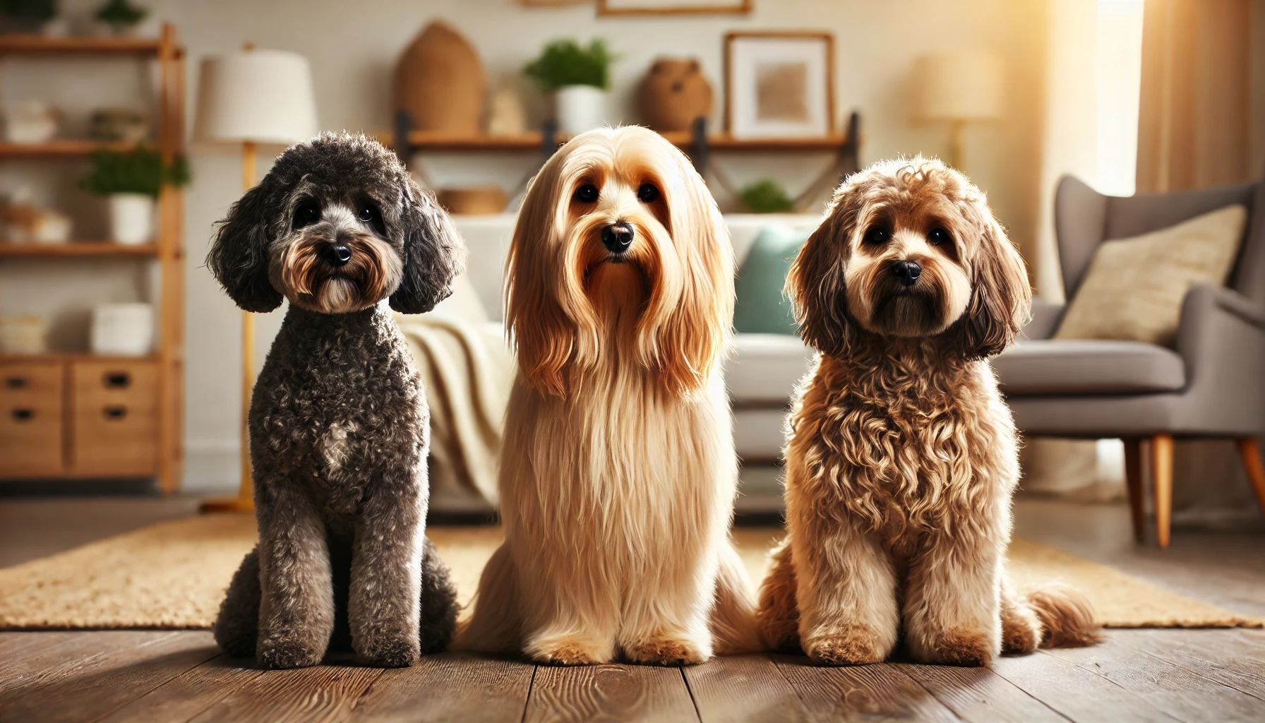 image of three dogs sitting side by side. One dog has a curly coat, one has a straight long coat, and the third has a medium wavy coat