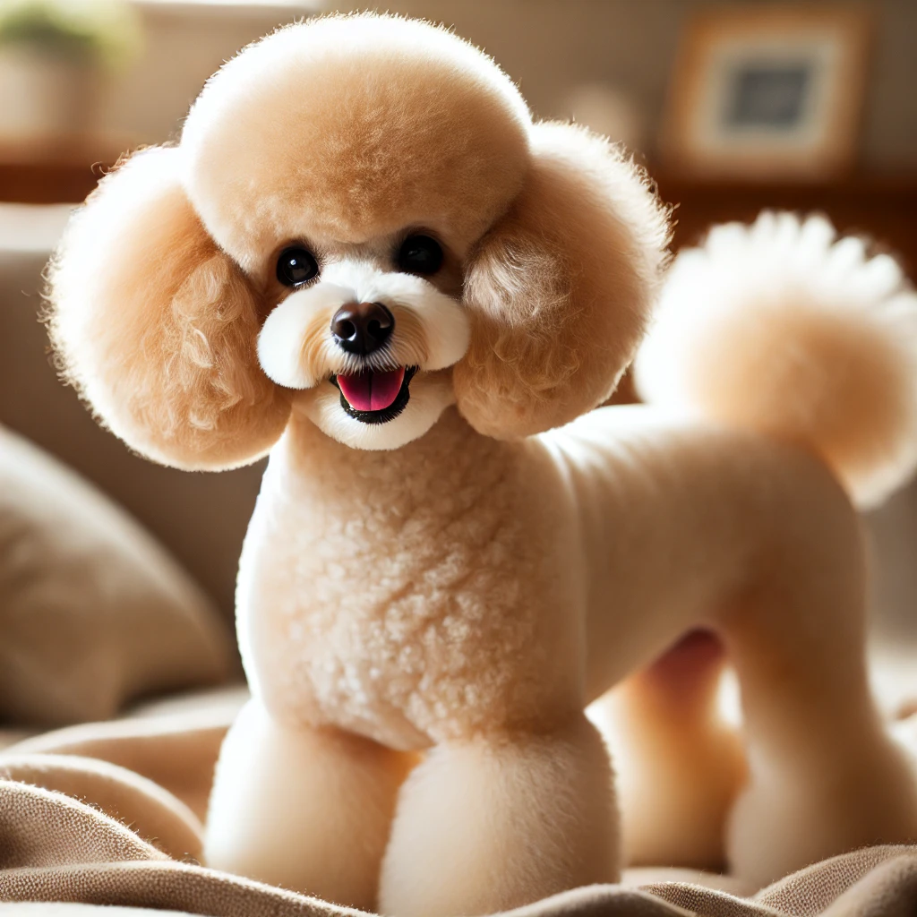 A high-quality image featuring a Poodle dog with a classic Poodle Cut. The dog has fluffy, rounded tufts on the legs, tail, and head