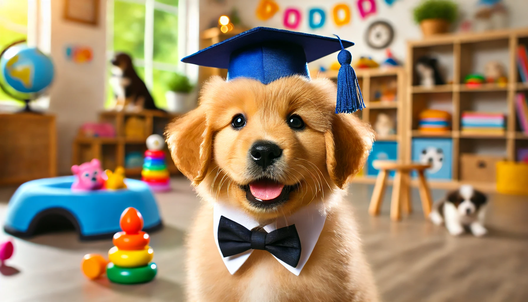  image of a puppy that just graduated from puppy kindergarten classes. The puppy is wearing a small graduation cap