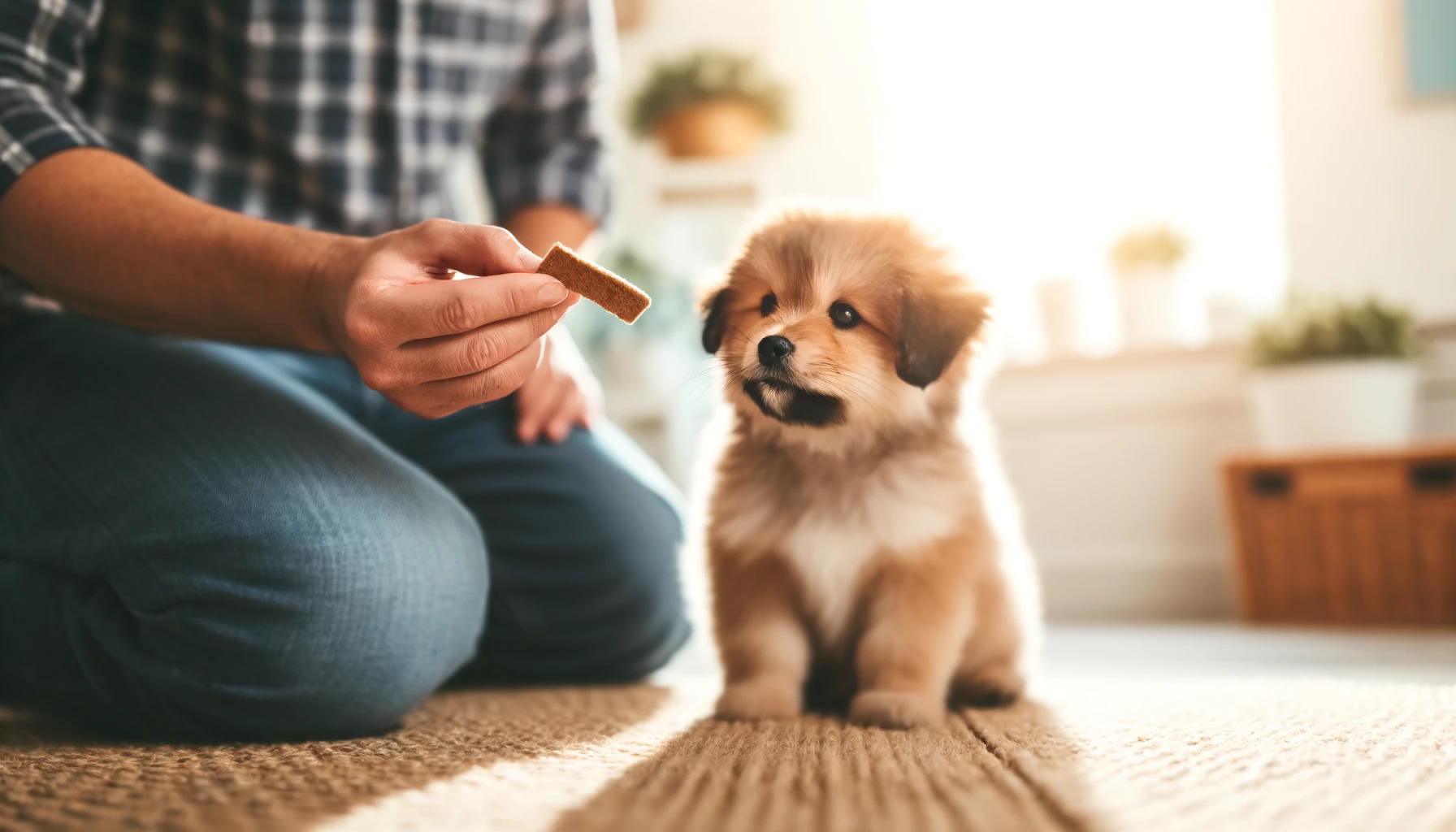 image of a cute, small, fluffy puppy being taught how to sit by a person holding a treat. The puppy is focused on the treat
