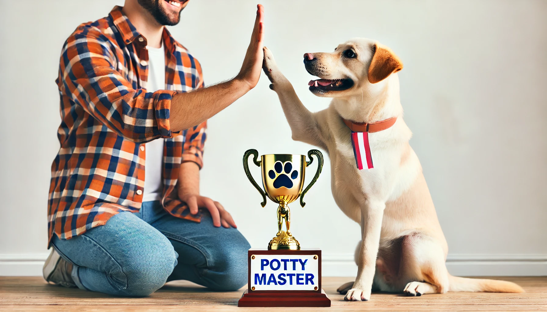 a dog and a person are high-five-ing. There is a trophy in front of them that reads potty master