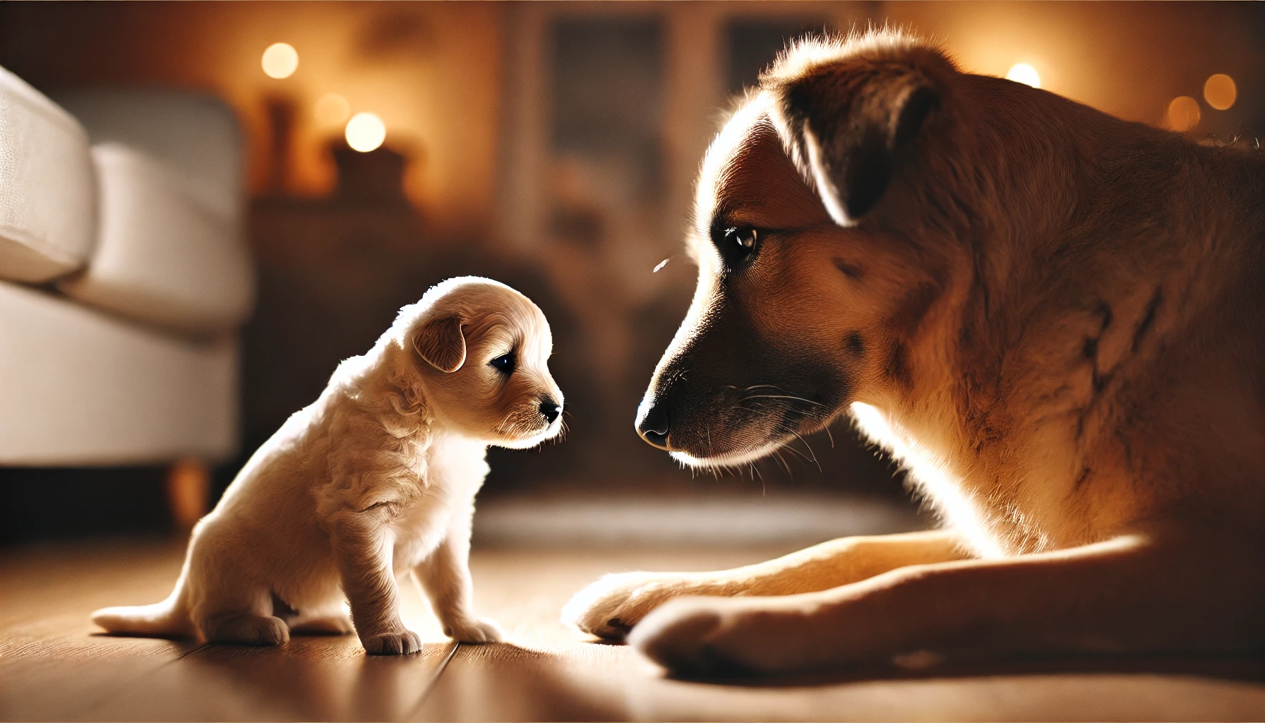 a small puppy and a large adult dog sitting on the floor looking at each other