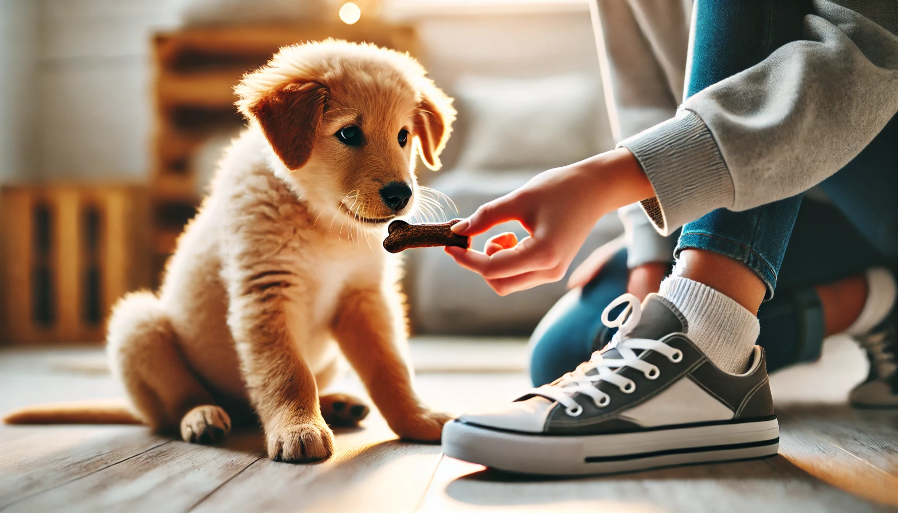 image of a puppy being trained by a person. The person is holding a treat in hand, and the puppy is looking at it attentively