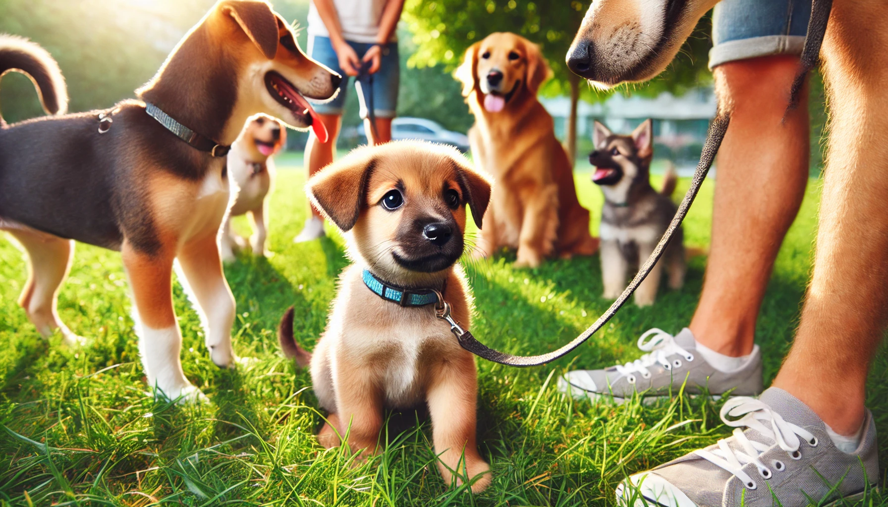 a puppy on a leash socialising with other dogs and puppies