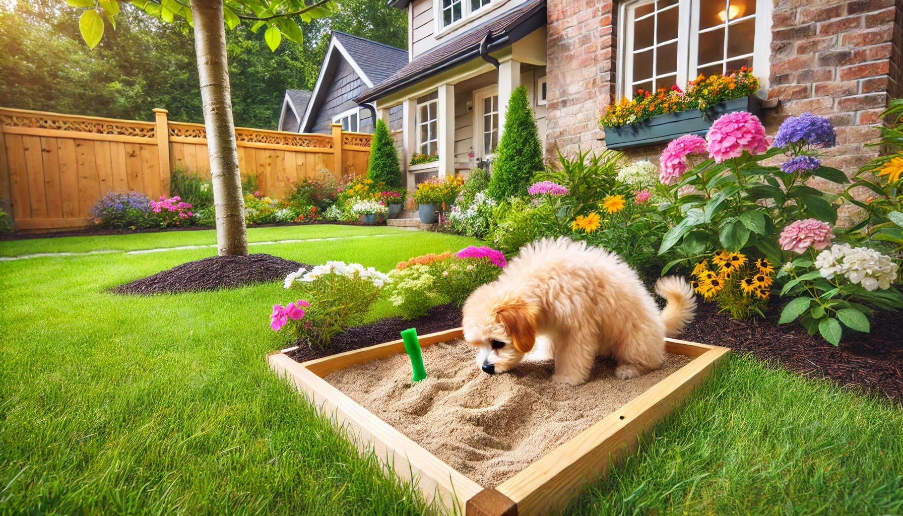 a puppy sitting in a box with sand outdoors